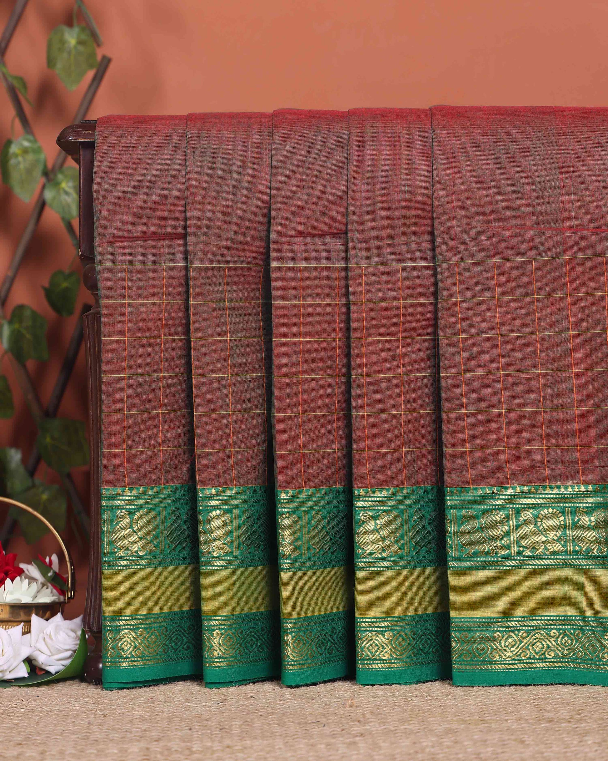 Traditional Chettinad Cotton Saree with a Striped Body and Temple Motif Border - Brown