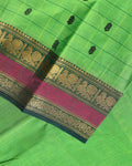 Traditional Chettinad Cotton Saree with a Striped Body and Temple Motif Border - Green