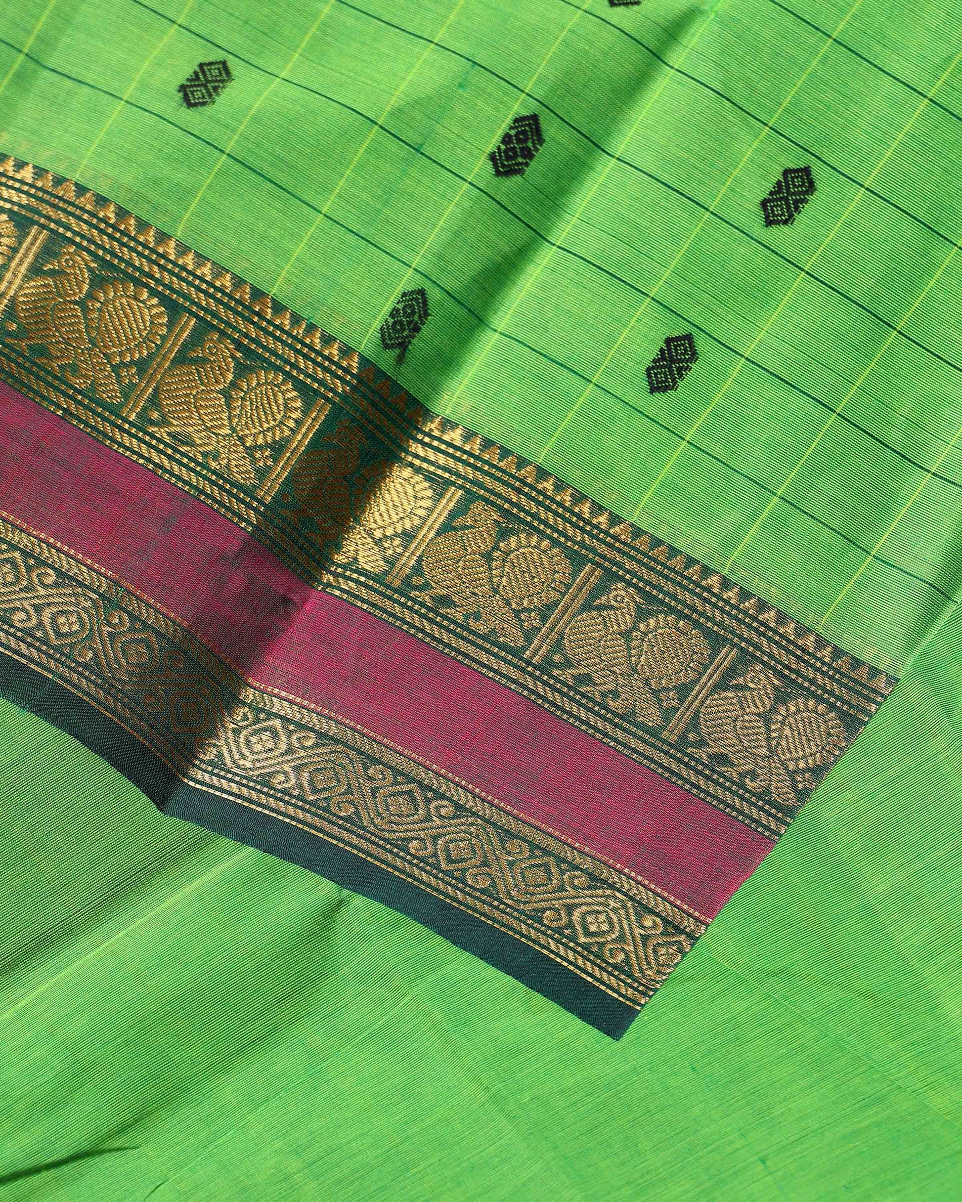 Traditional Chettinad Cotton Saree with a Striped Body and Temple Motif Border - Green
