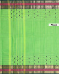 Traditional Chettinad Cotton Saree with a Striped Body and Temple Motif Border - Green