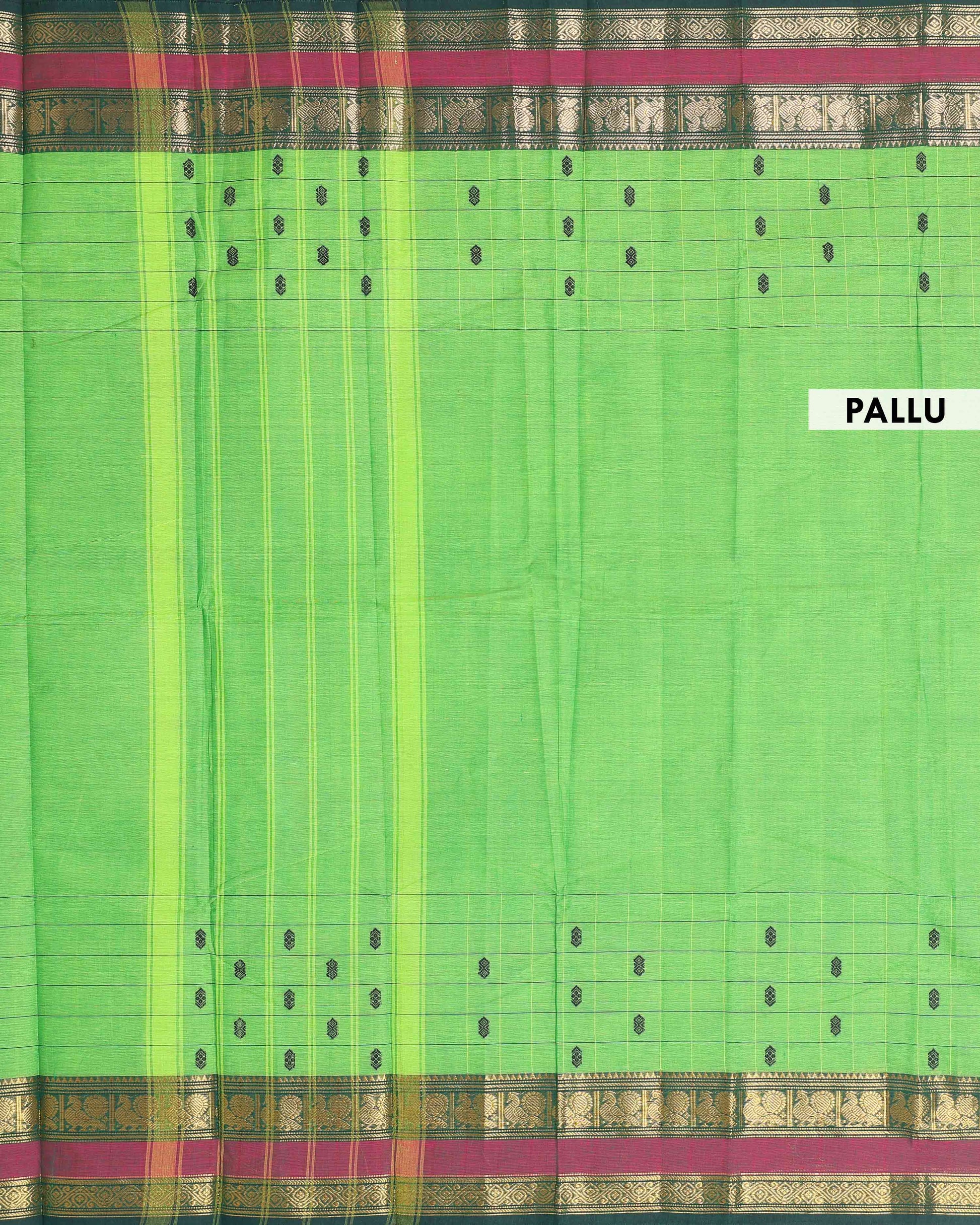 Traditional Chettinad Cotton Saree with a Striped Body and Temple Motif Border - Green