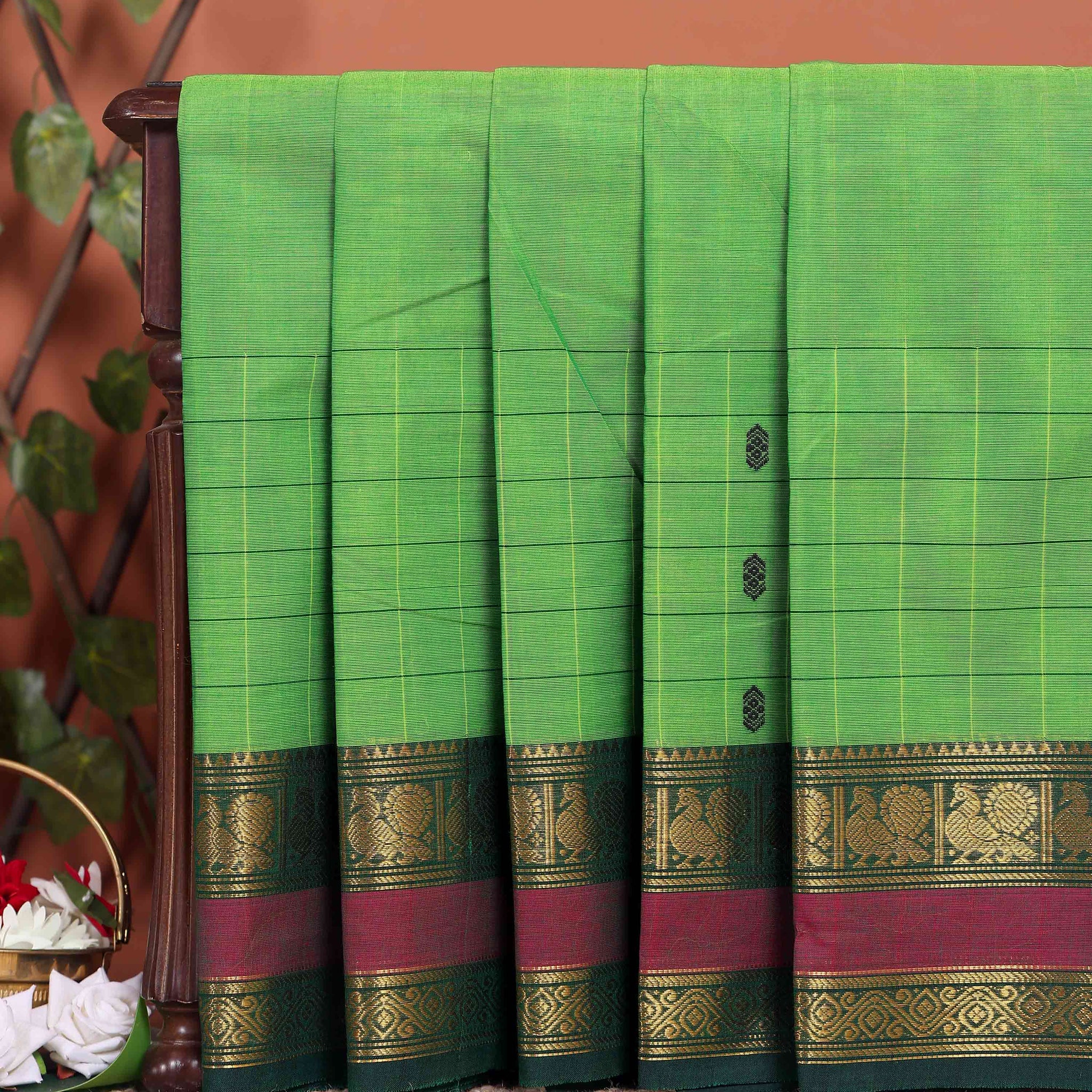 Traditional Chettinad Cotton Saree with a Striped Body and Temple Motif Border - Green