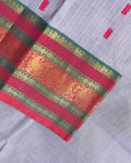 Traditional Chettinad Cotton Saree with a Striped Body and Temple Motif Border - Grey
