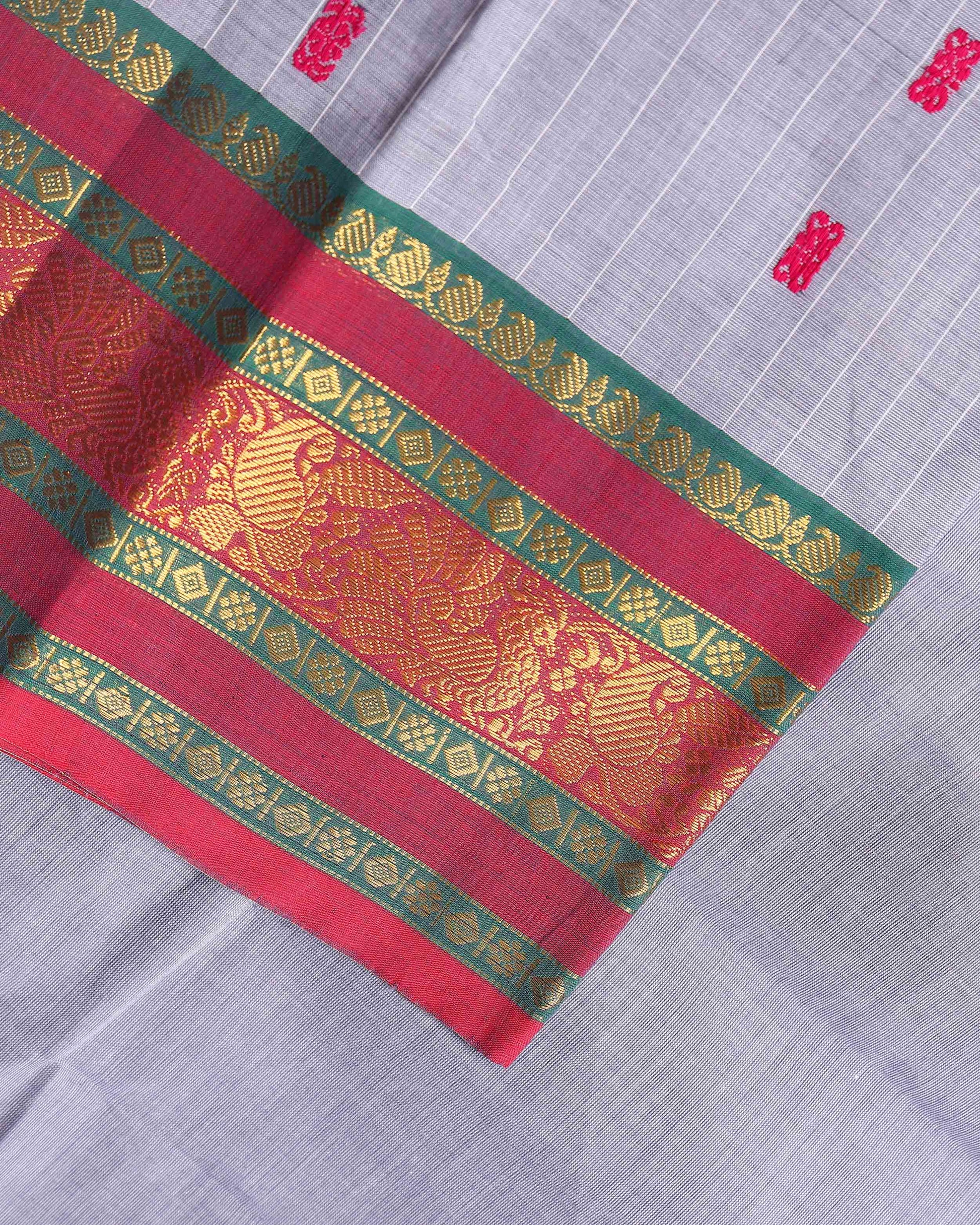 Traditional Chettinad Cotton Saree with a Striped Body and Temple Motif Border - Grey
