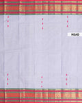 Traditional Chettinad Cotton Saree with a Striped Body and Temple Motif Border - Grey