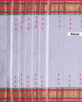 Traditional Chettinad Cotton Saree with a Striped Body and Temple Motif Border - Grey