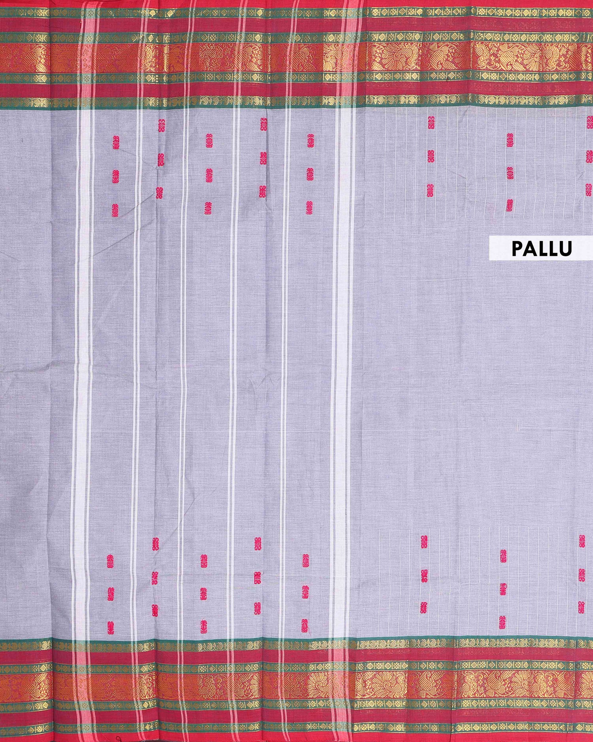 Traditional Chettinad Cotton Saree with a Striped Body and Temple Motif Border - Grey