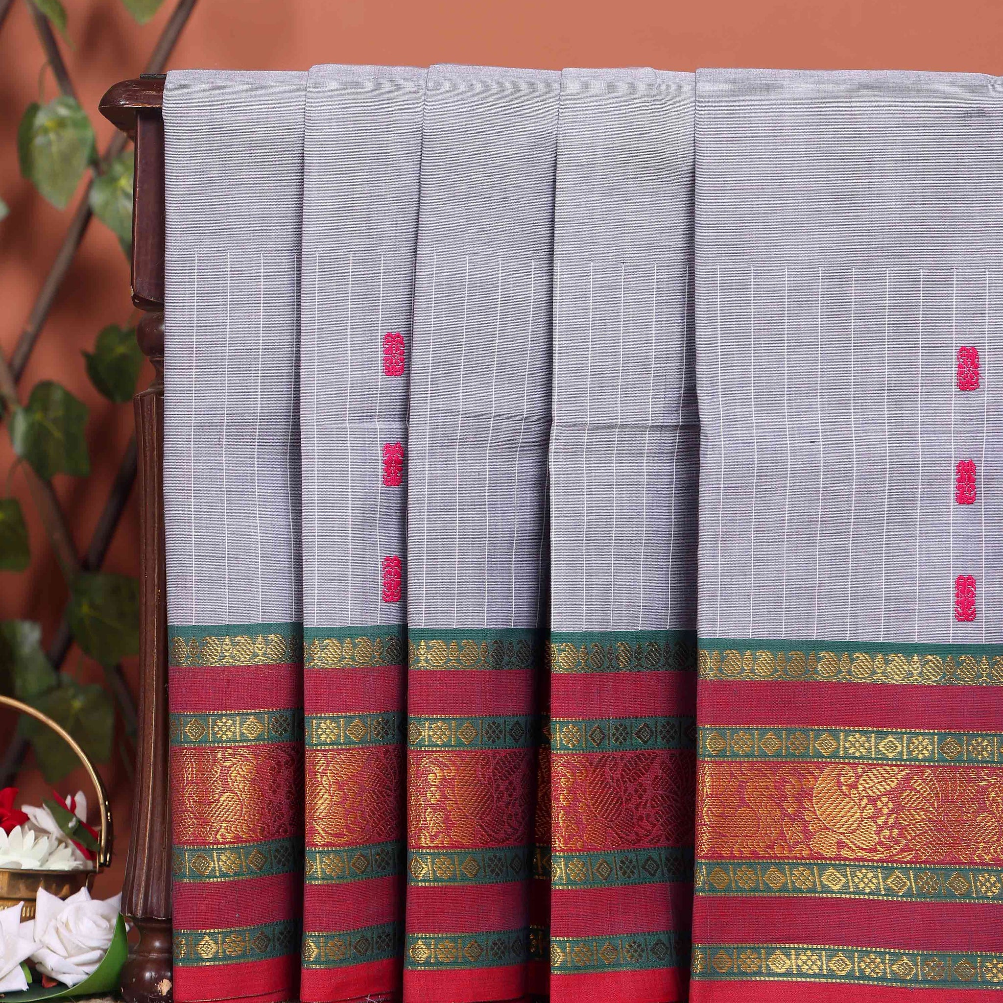 Traditional Chettinad Cotton Saree with a Striped Body and Temple Motif Border - Grey