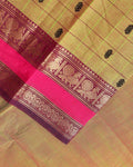 Traditional Chettinad Cotton Saree with a Striped Body and Temple Motif Border - Olive Green-close