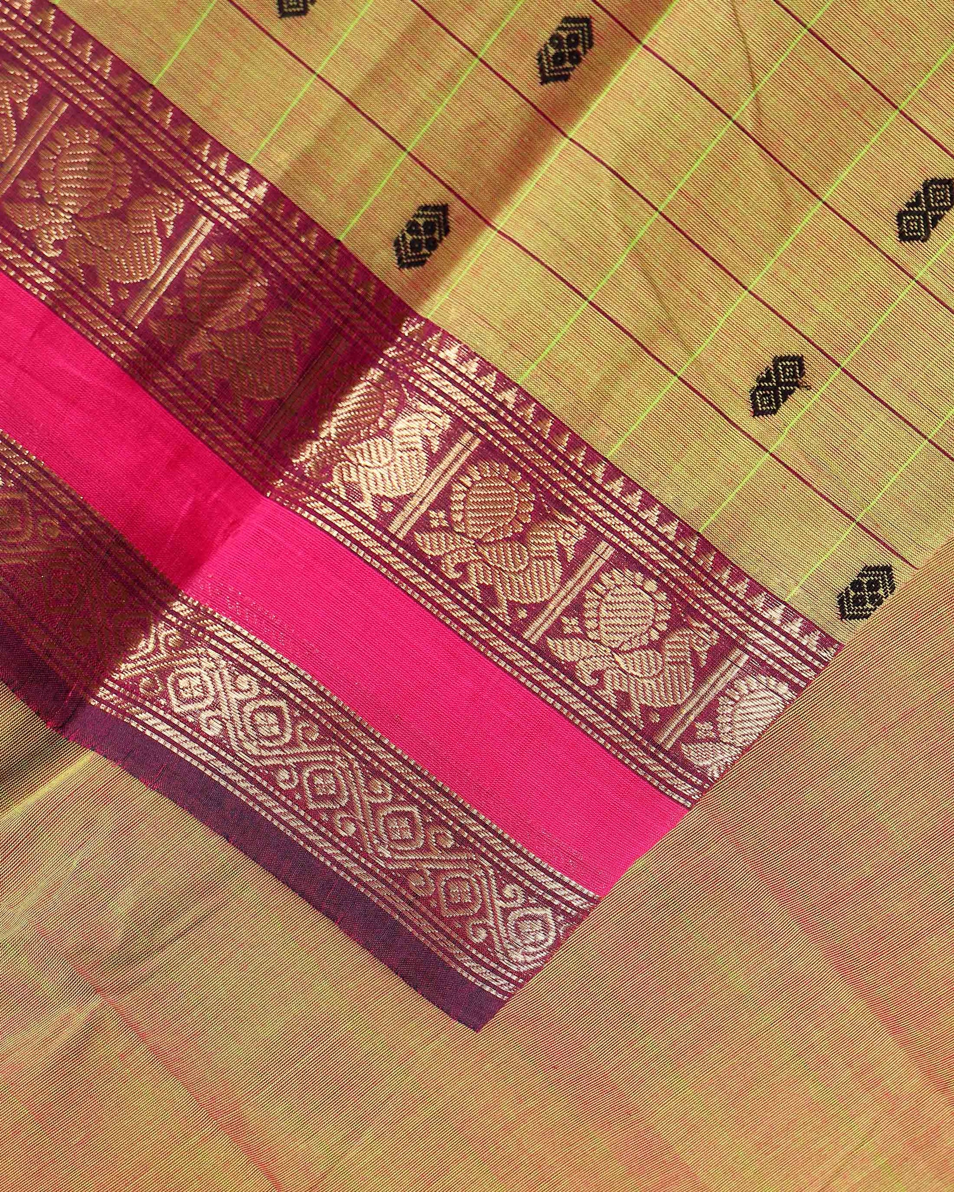Traditional Chettinad Cotton Saree with a Striped Body and Temple Motif Border - Olive Green-close