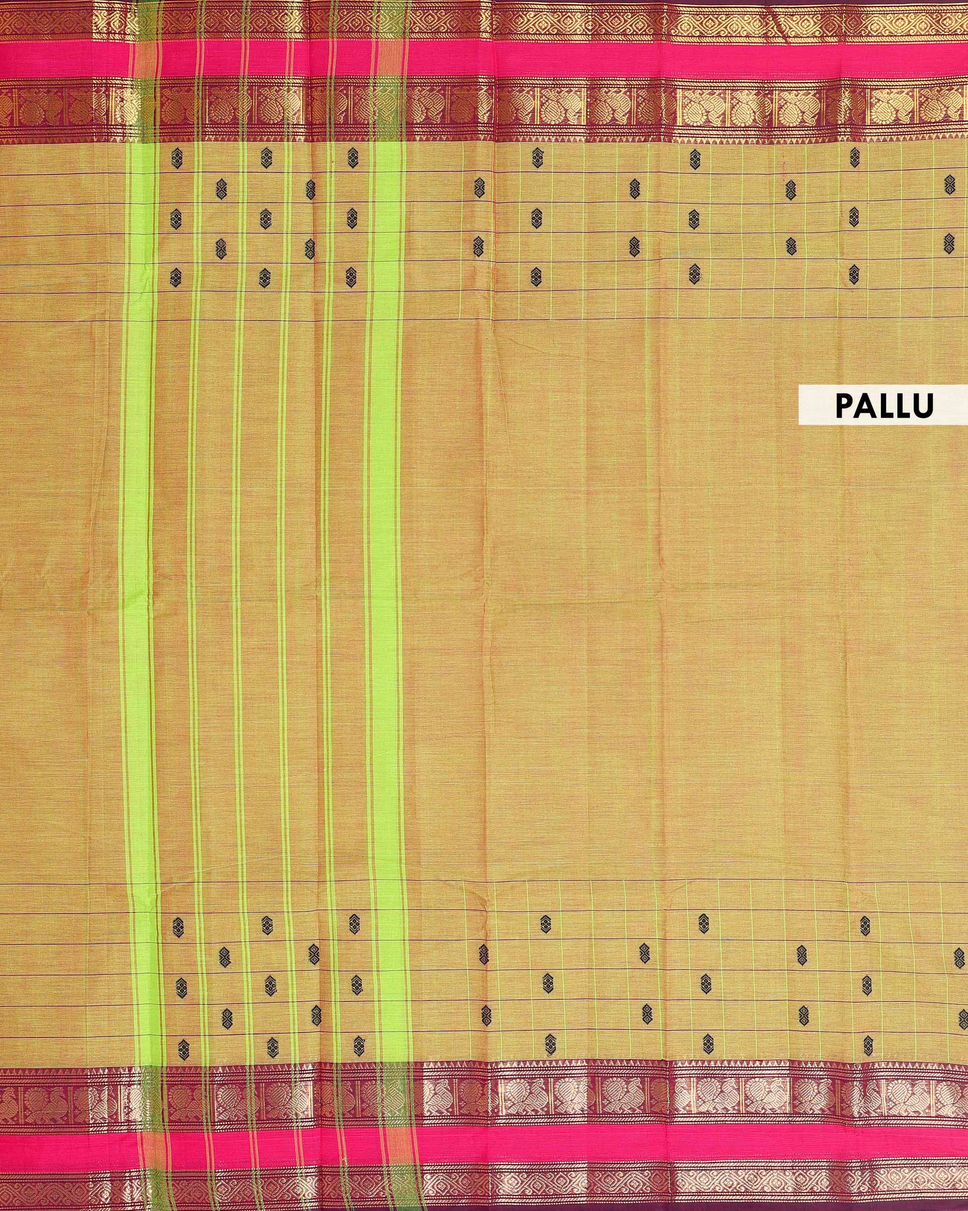 Traditional Chettinad Cotton Saree with a Striped Body and Temple Motif Border - Olive Green