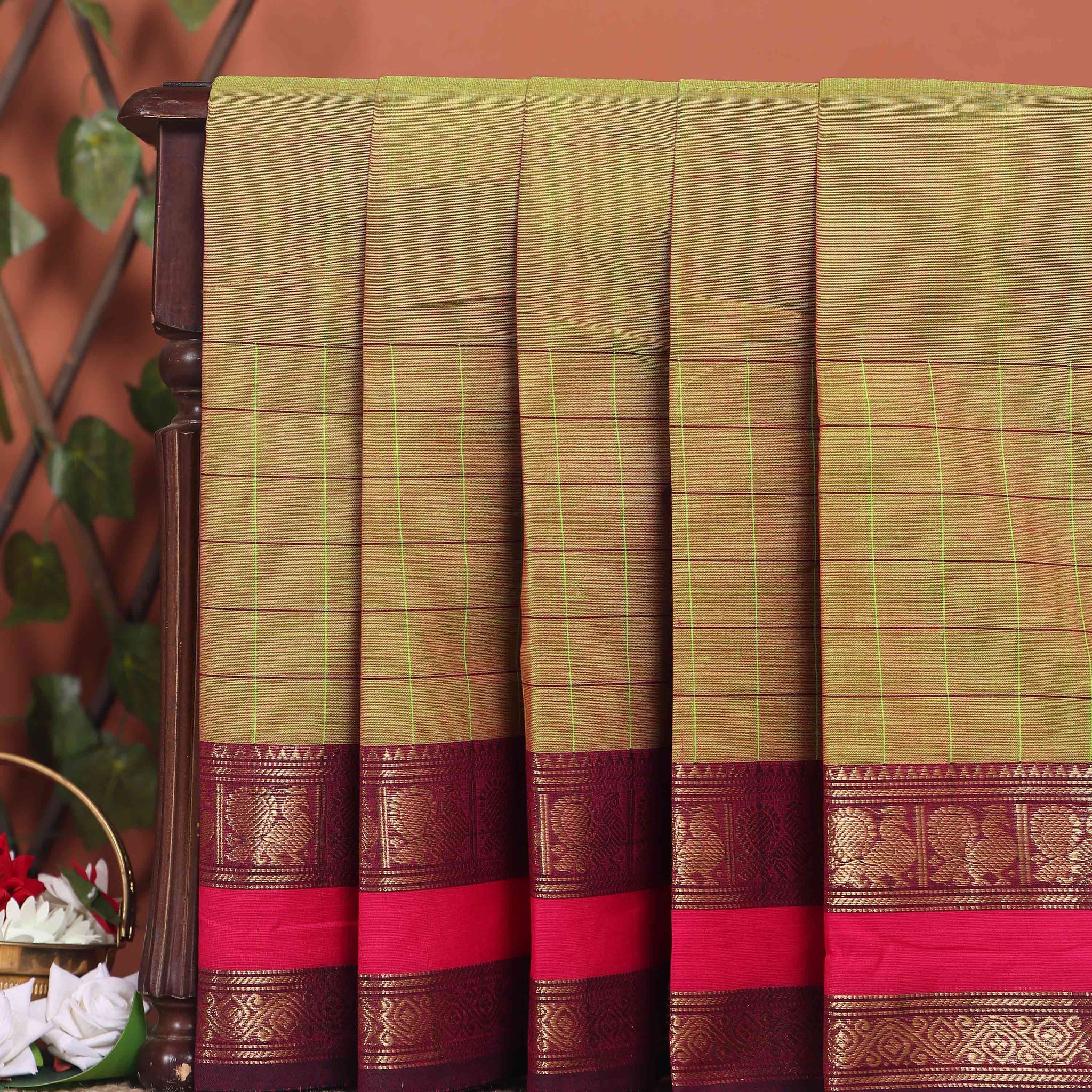 Traditional Chettinad Cotton Saree with a Striped Body and Temple Motif Border - Olive Green