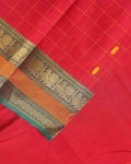Traditional Chettinad Cotton Saree with a Striped Body and Temple Motif Border - Red