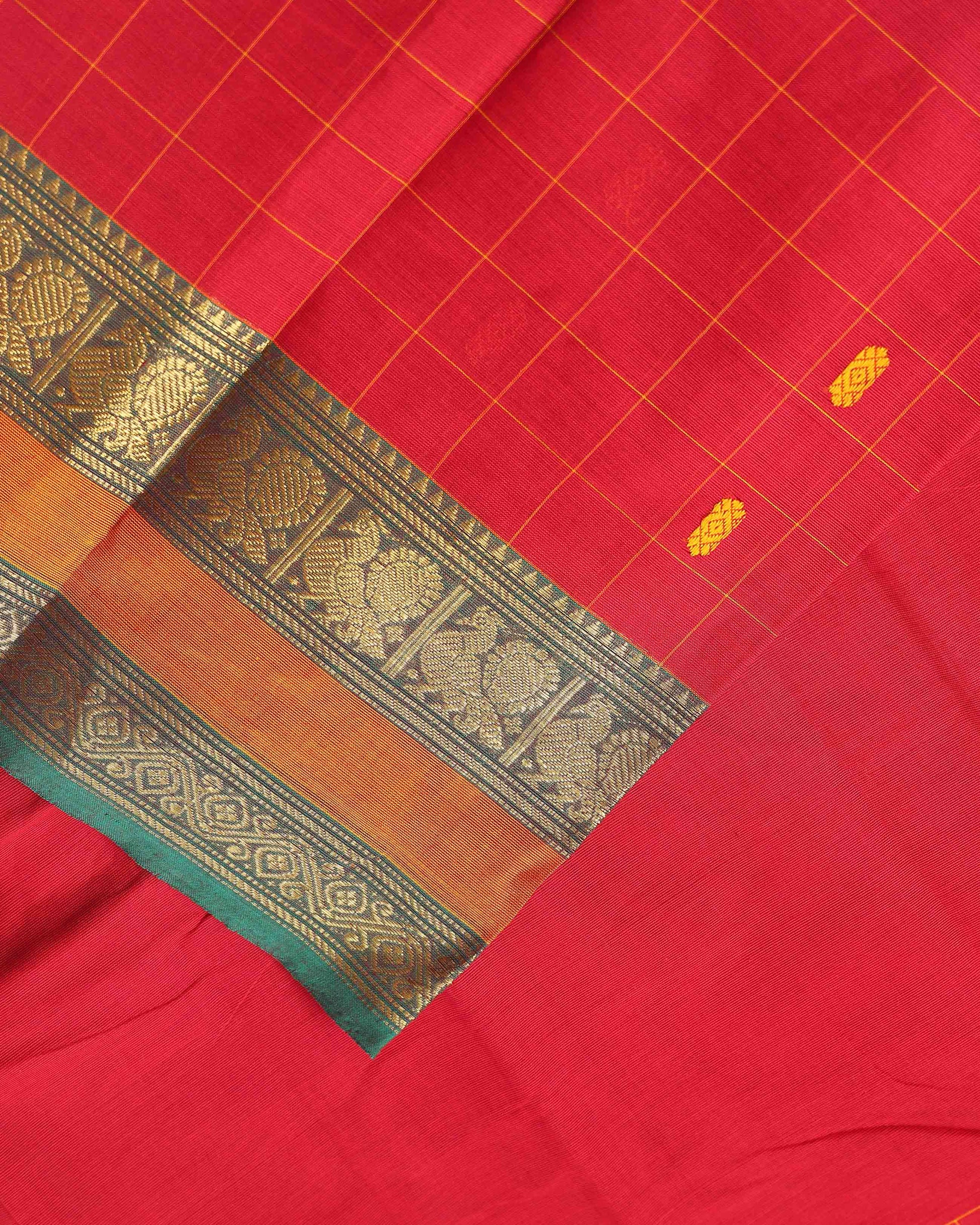 Traditional Chettinad Cotton Saree with a Striped Body and Temple Motif Border - Red