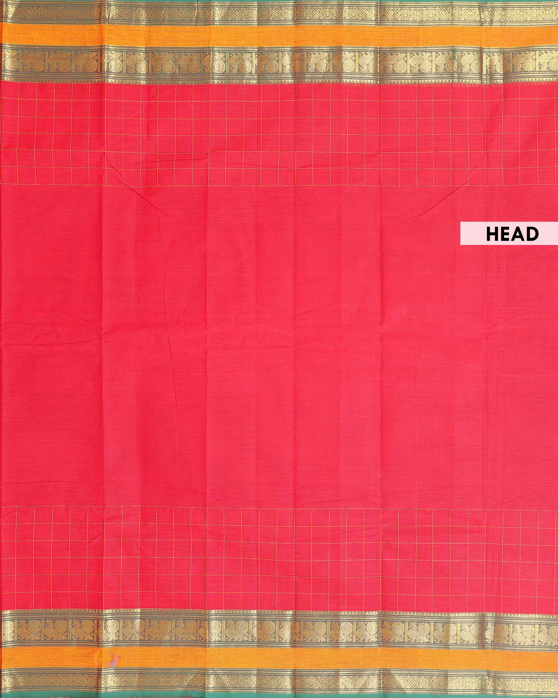 Traditional Chettinad Cotton Saree with a Striped Body and Temple Motif Border - Red
