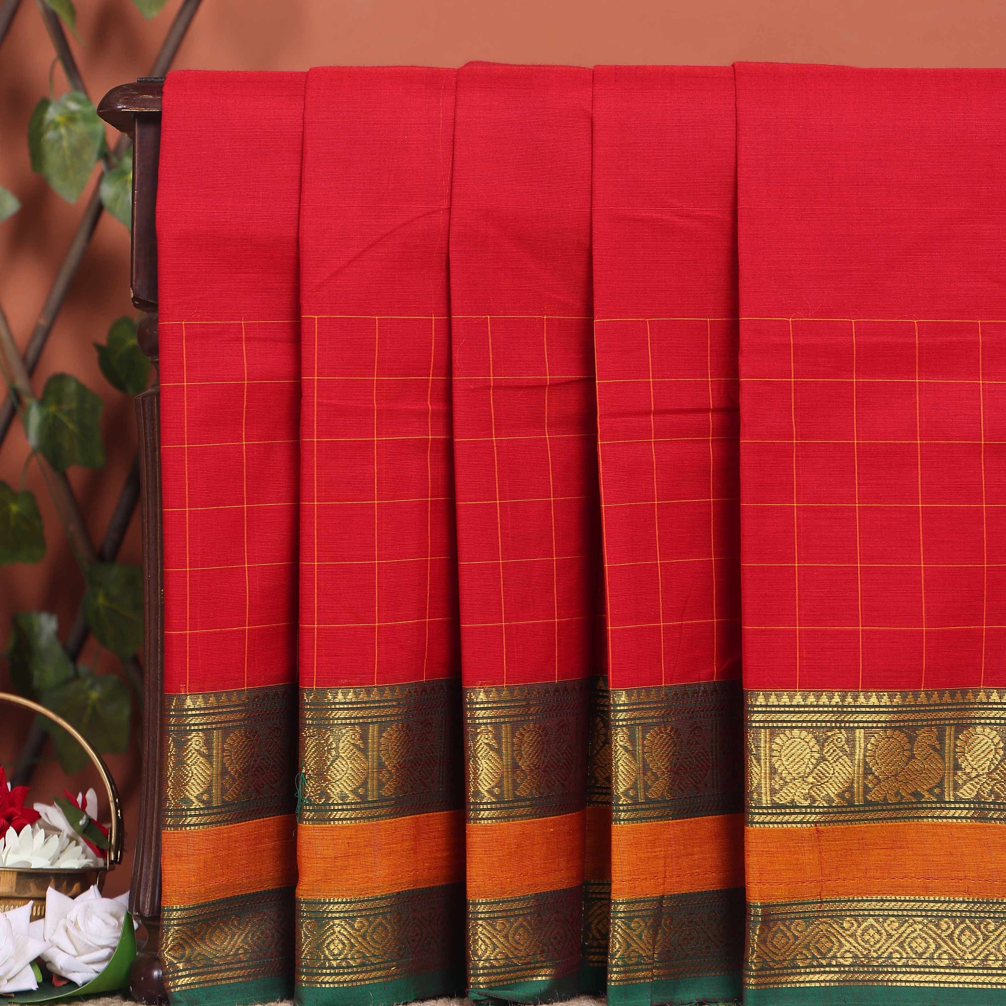 Traditional Chettinad Cotton Saree with a Striped Body and Temple Motif Border - Red