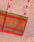 Traditional Chettinad Cotton Saree with a Striped Body and Temple Motif Border - Sandal