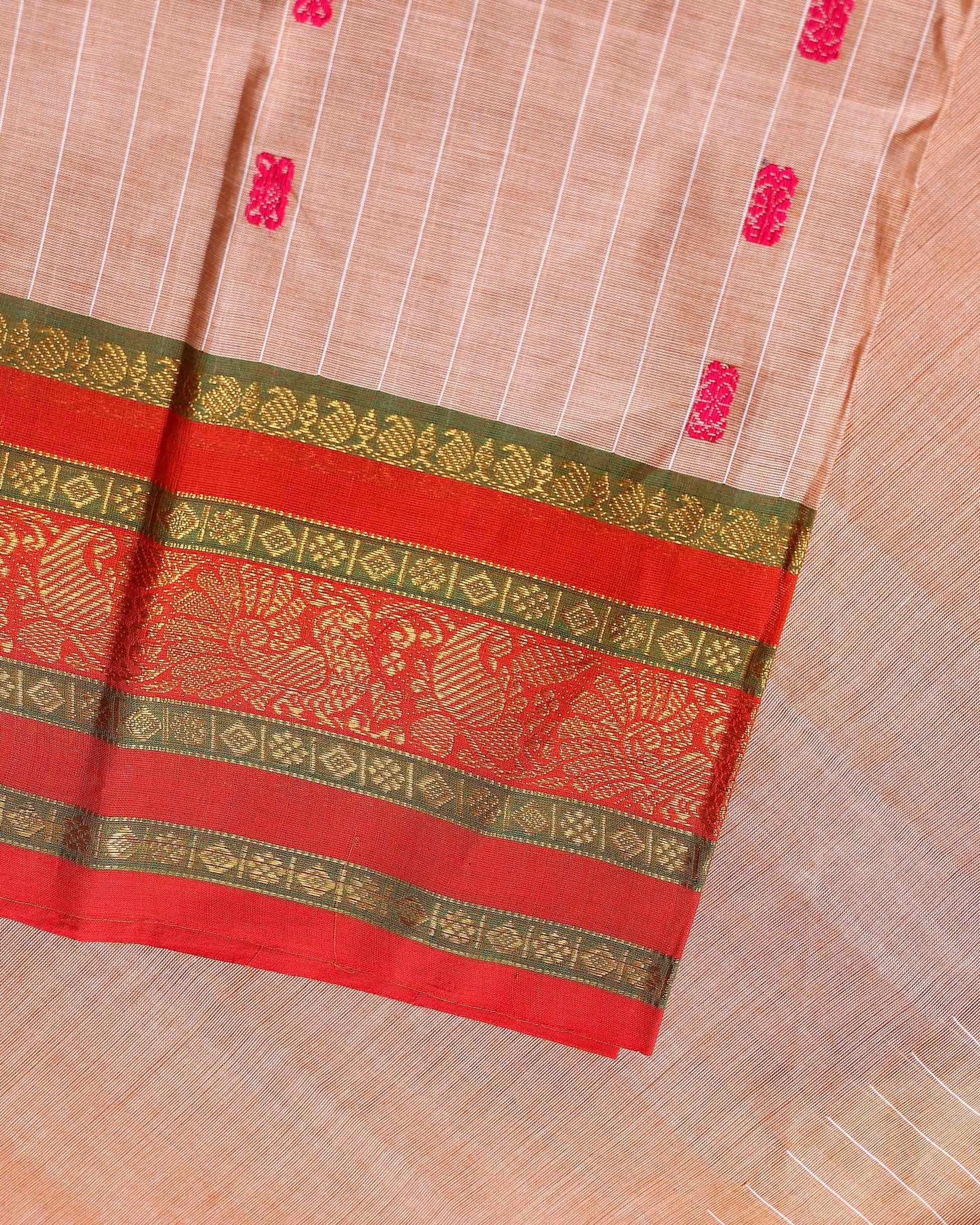 Traditional Chettinad Cotton Saree with a Striped Body and Temple Motif Border - Sandal