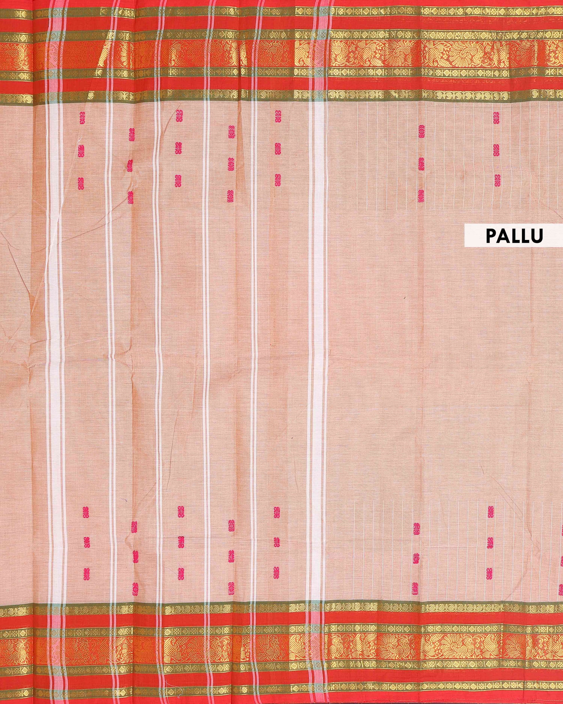 Traditional Chettinad Cotton Saree with a Striped Body and Temple Motif Border - Sandal