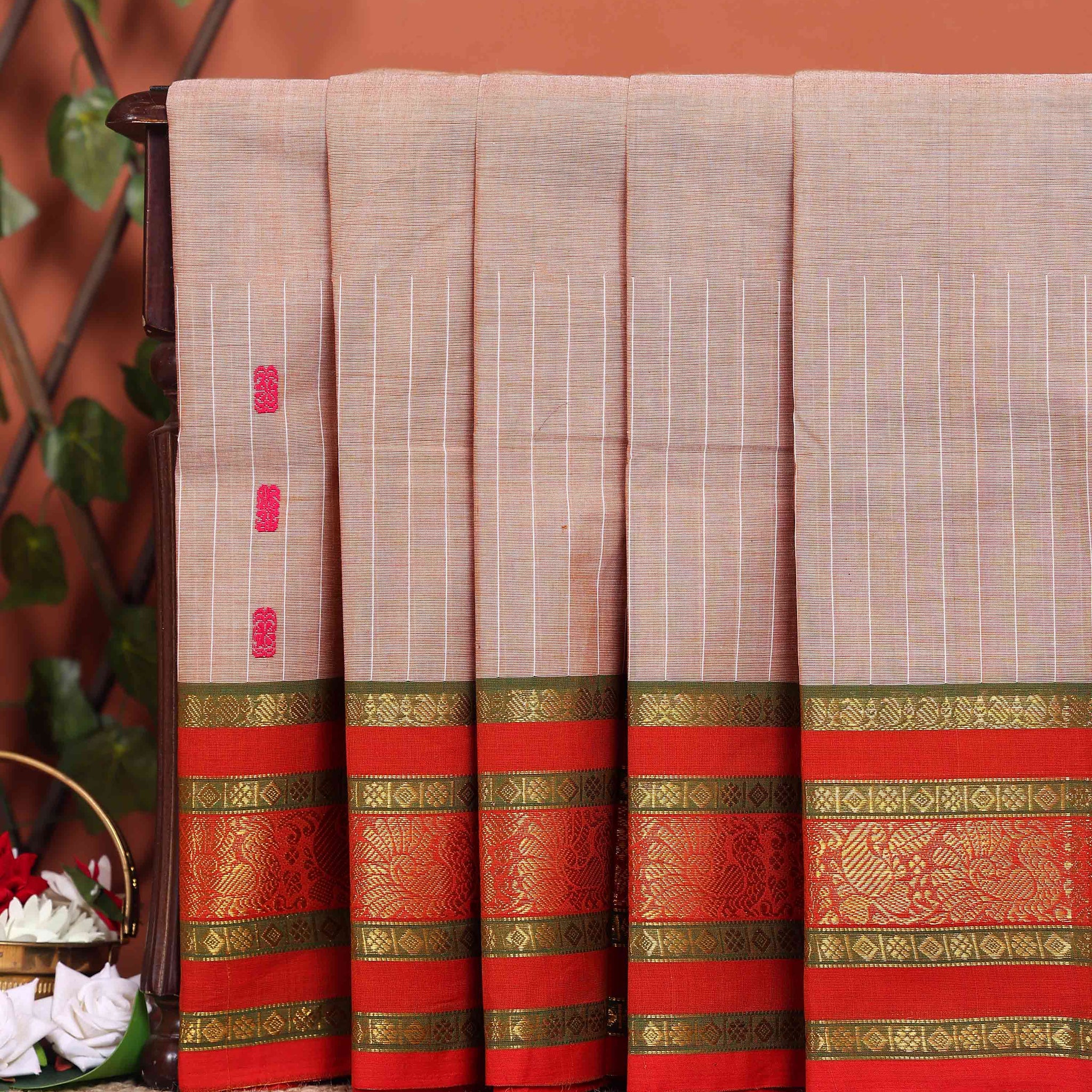 Traditional Chettinad Cotton Saree with a Striped Body and Temple Motif Border - Sandal