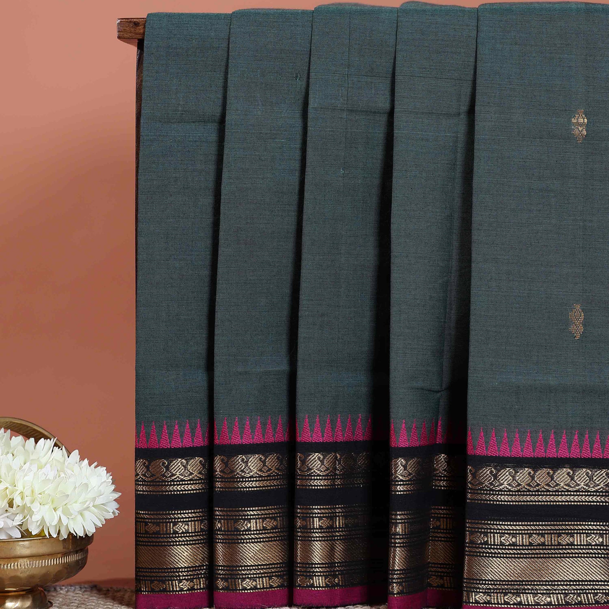 Traditional Chettinad Handloom Cotton Saree with Contrast Temple Zari Border and Small Butta Work - Teal
