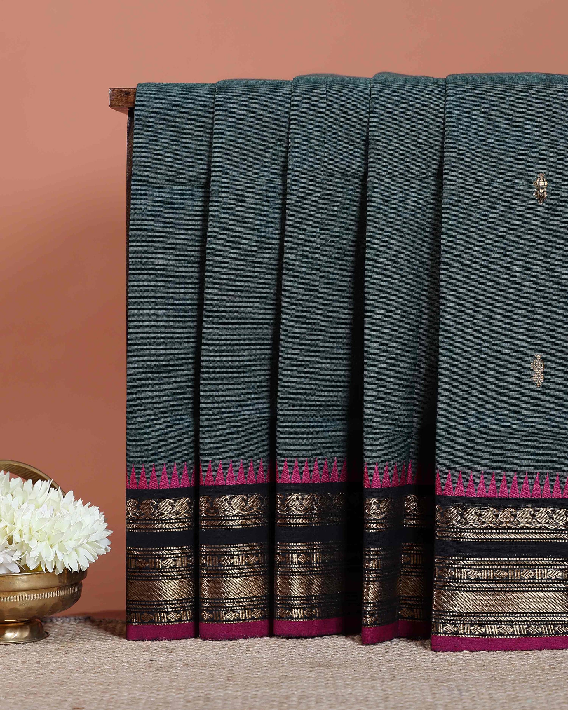 Traditional Chettinad Handloom Cotton Saree with Contrast Temple Zari Border and Small Butta Work - Teal