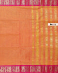 Traditional Chettinad Handloom Cotton Saree with Golden Checked Body and Peacock Motif Zari Border - Orange