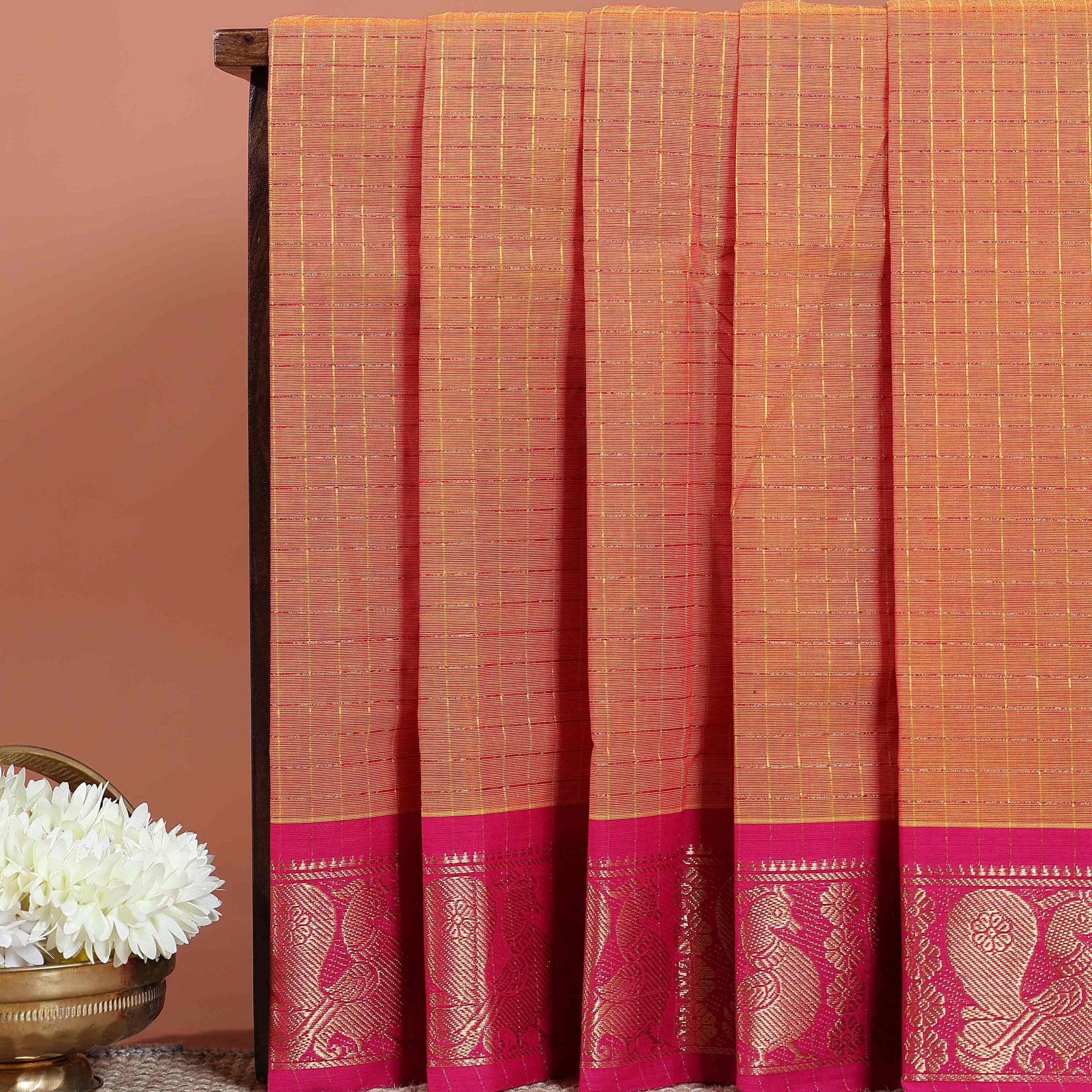 Traditional Chettinad Handloom Cotton Saree with Golden Checked Body and Peacock Motif Zari Border - Orange