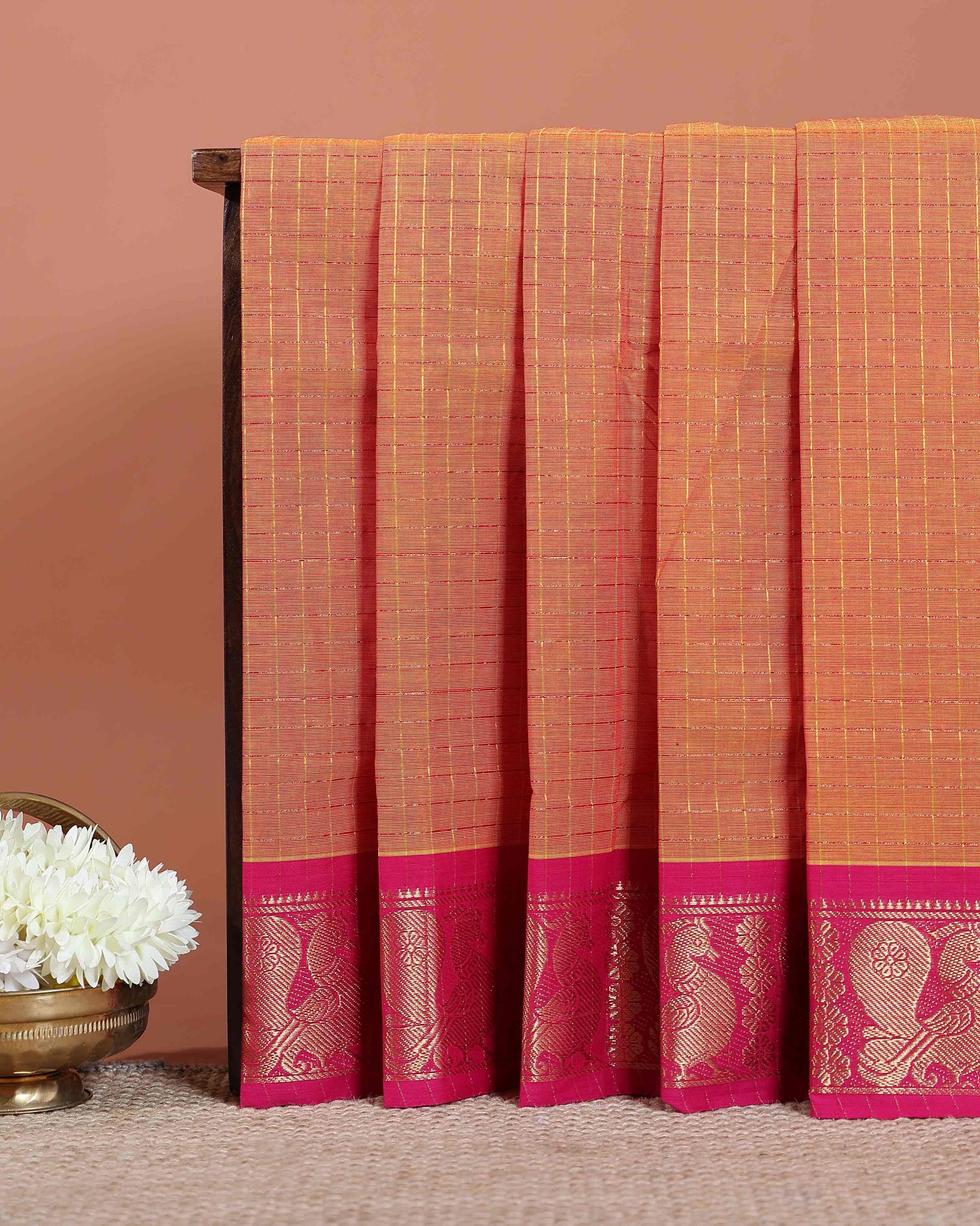 Traditional Chettinad Handloom Cotton Saree with Golden Checked Body and Peacock Motif Zari Border - Orange