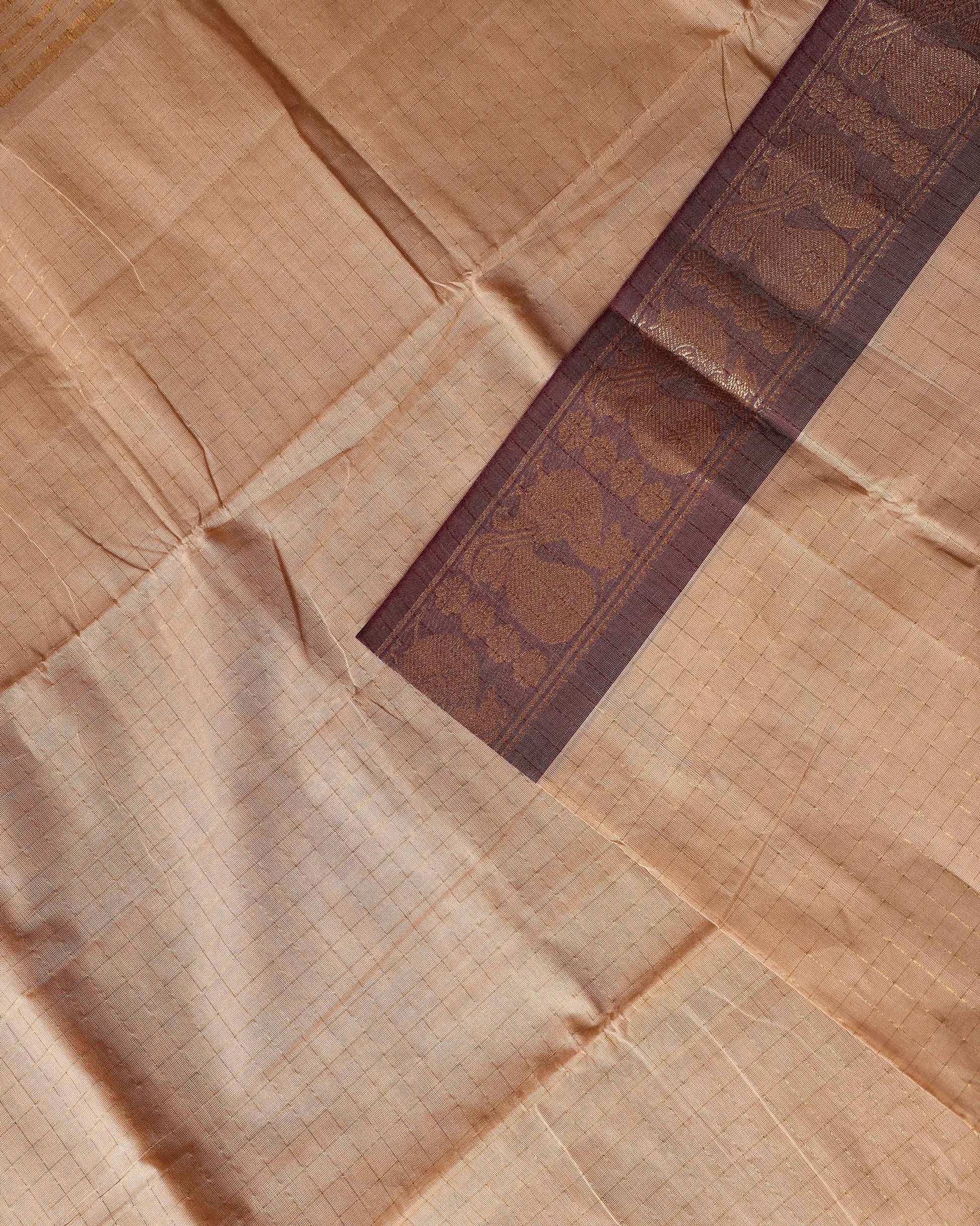 Traditional Chettinad Handloom Cotton Saree with Golden Checked Weave and Traditional Peacock Zari Border - Light Brown