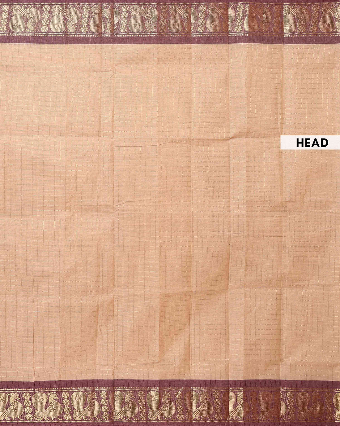 Traditional Chettinad Handloom Cotton Saree with Golden Checked Weave and Traditional Peacock Zari Border - Light Brown