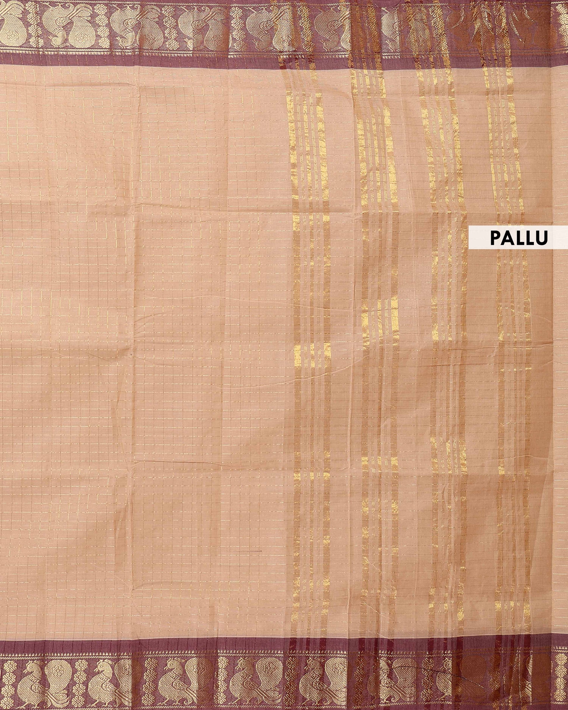 Traditional Chettinad Handloom Cotton Saree with Golden Checked Weave and Traditional Peacock Zari Border - Light Brown