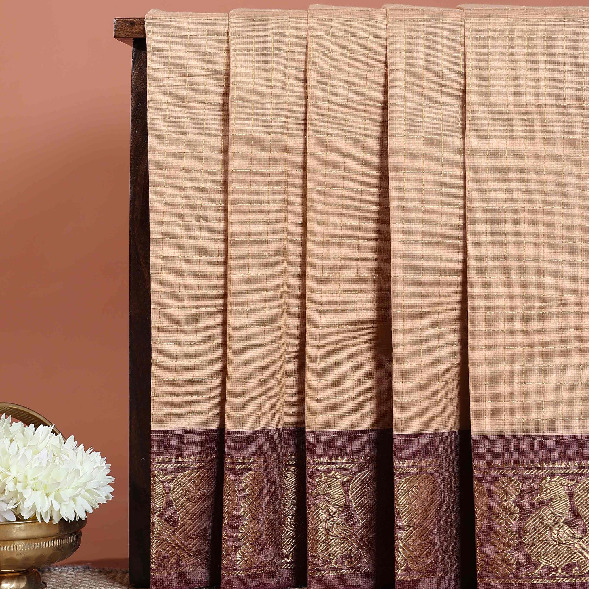 Traditional Chettinad Handloom Cotton Saree with Golden Checked Weave and Traditional Peacock Zari Border - Light Brown