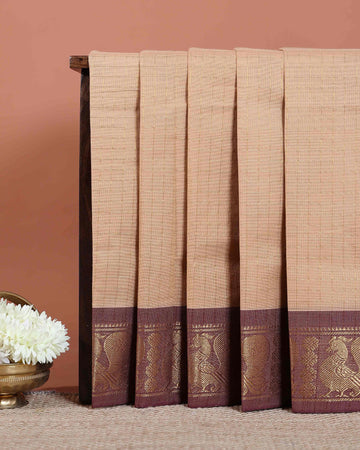 Traditional Chettinad Handloom Cotton Saree with Golden Checked Weave and Traditional Peacock Zari Border - Light Brown