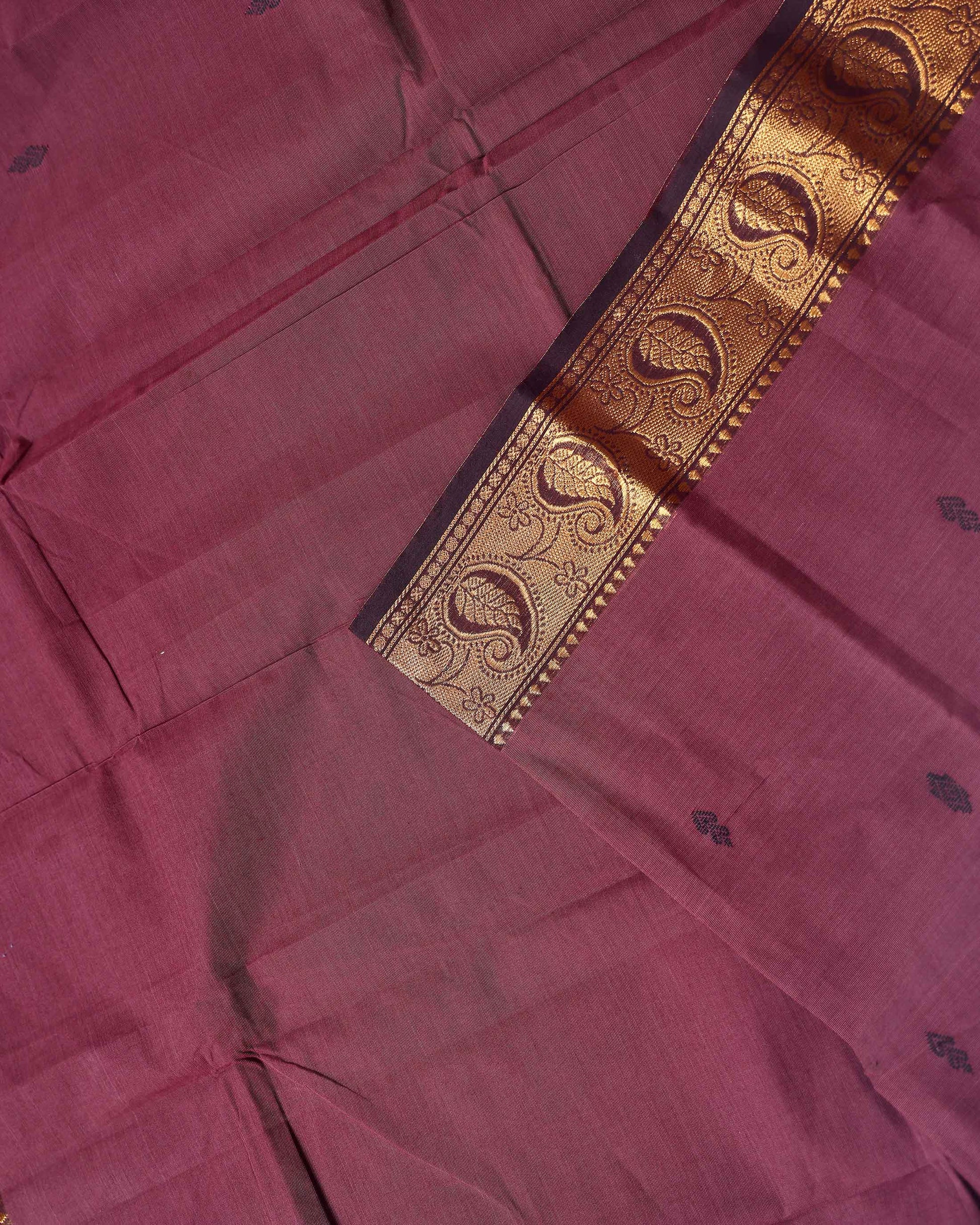 Traditional Chettinad Handloom Cotton Saree with Golden Zari Woven Border and Buttas - Brown