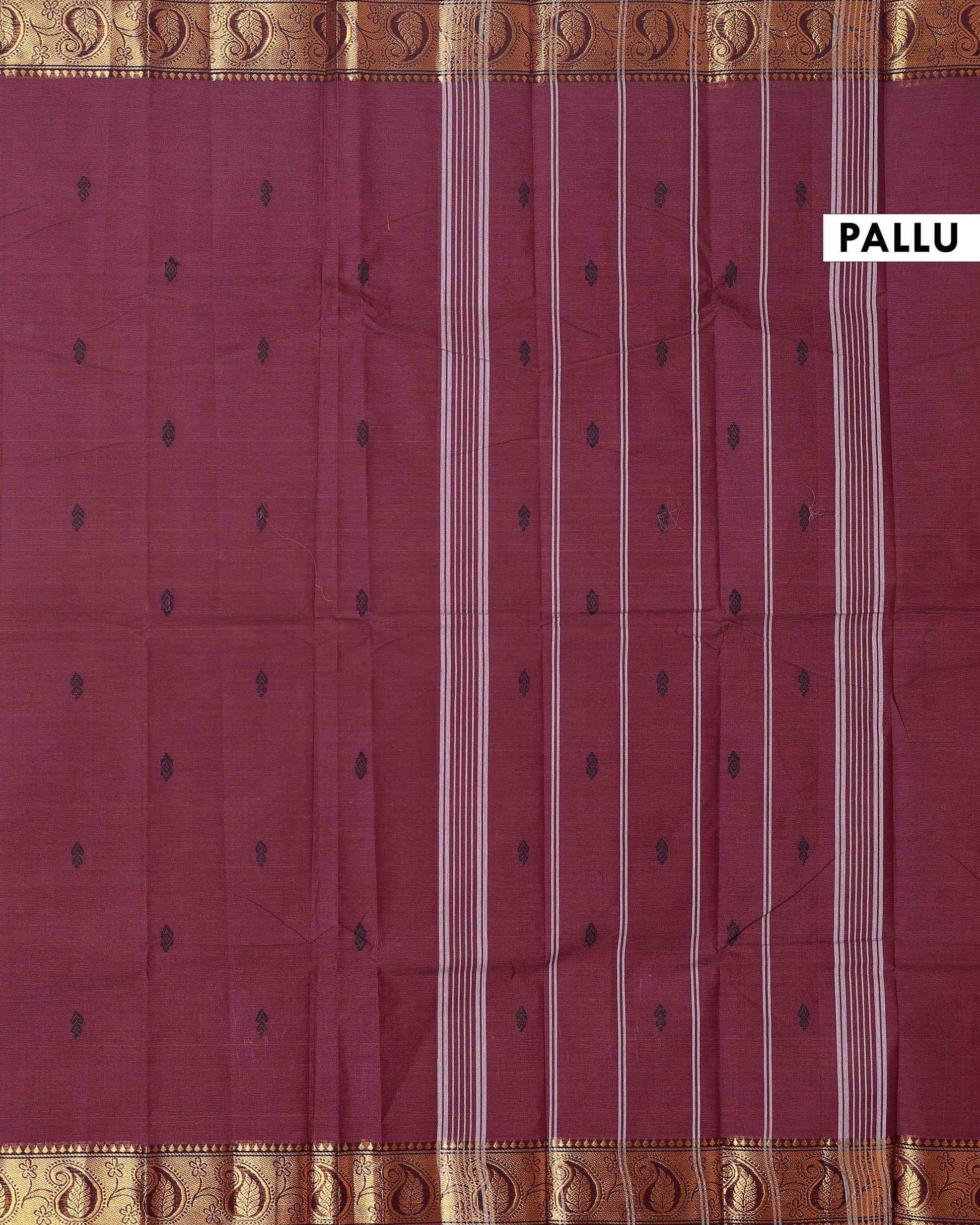 Traditional Chettinad Handloom Cotton Saree with Golden Zari Woven Border and Buttas - Brown