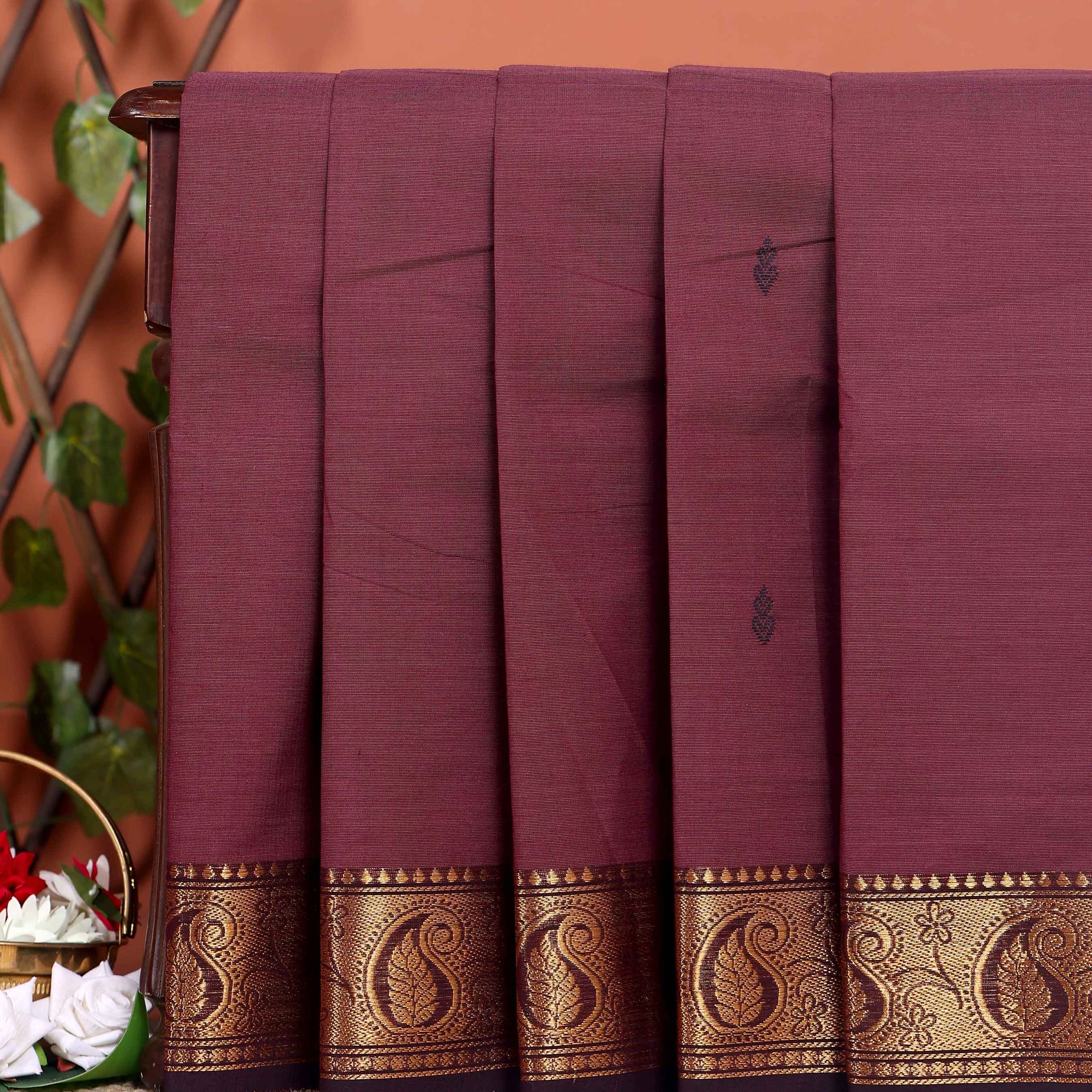 Traditional Chettinad Handloom Cotton Saree with Golden Zari Woven Border and Buttas - Brown