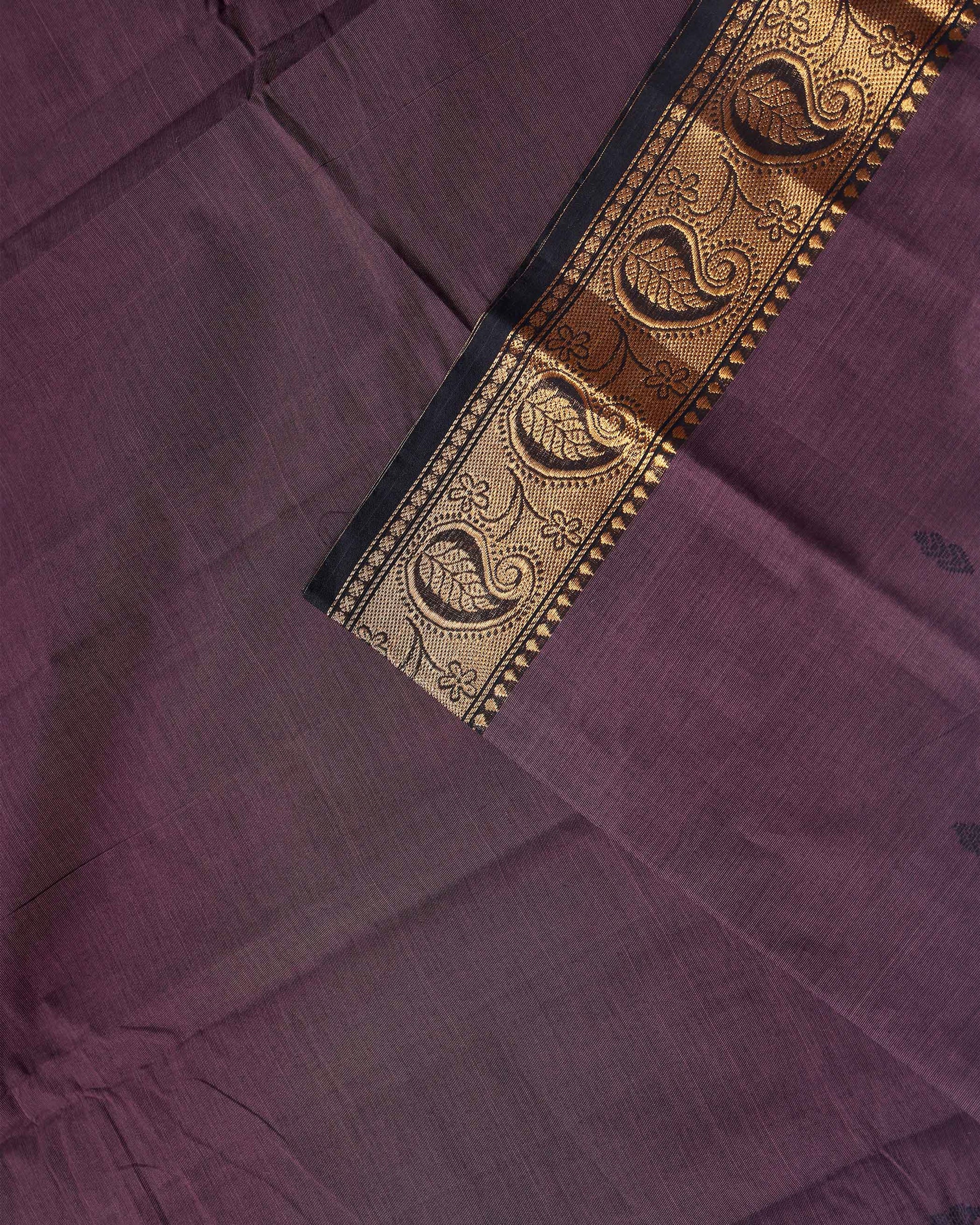 Traditional Chettinad Handloom Cotton Saree with Golden Zari Woven Border and Buttas - Dark Brown