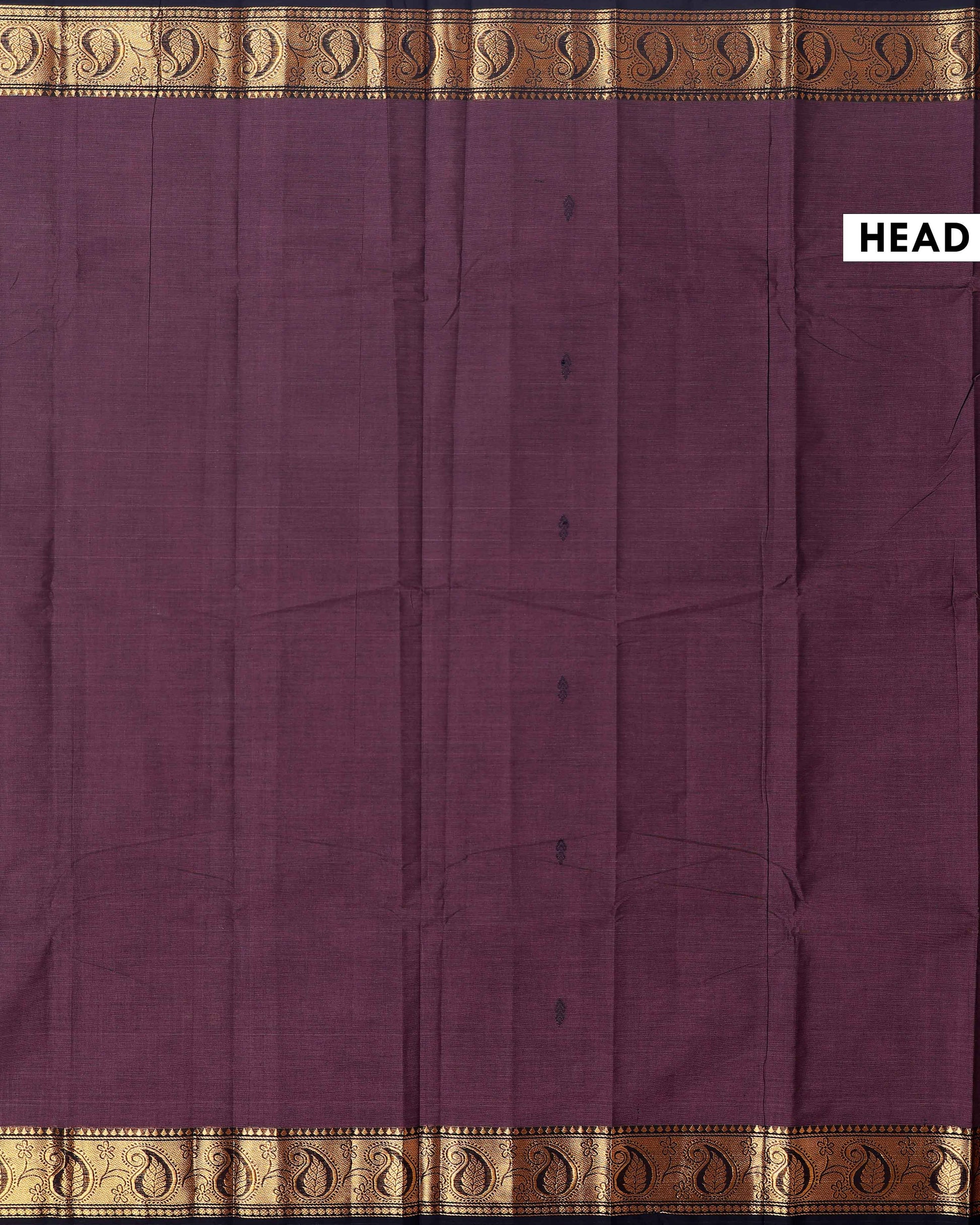 Traditional Chettinad Handloom Cotton Saree with Golden Zari Woven Border and Buttas - Dark Brown