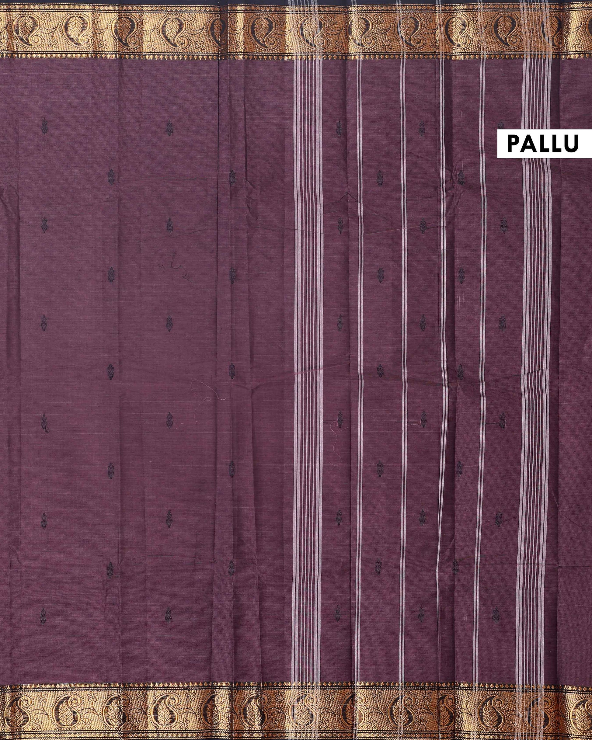 Traditional Chettinad Handloom Cotton Saree with Golden Zari Woven Border and Buttas - Dark Brown