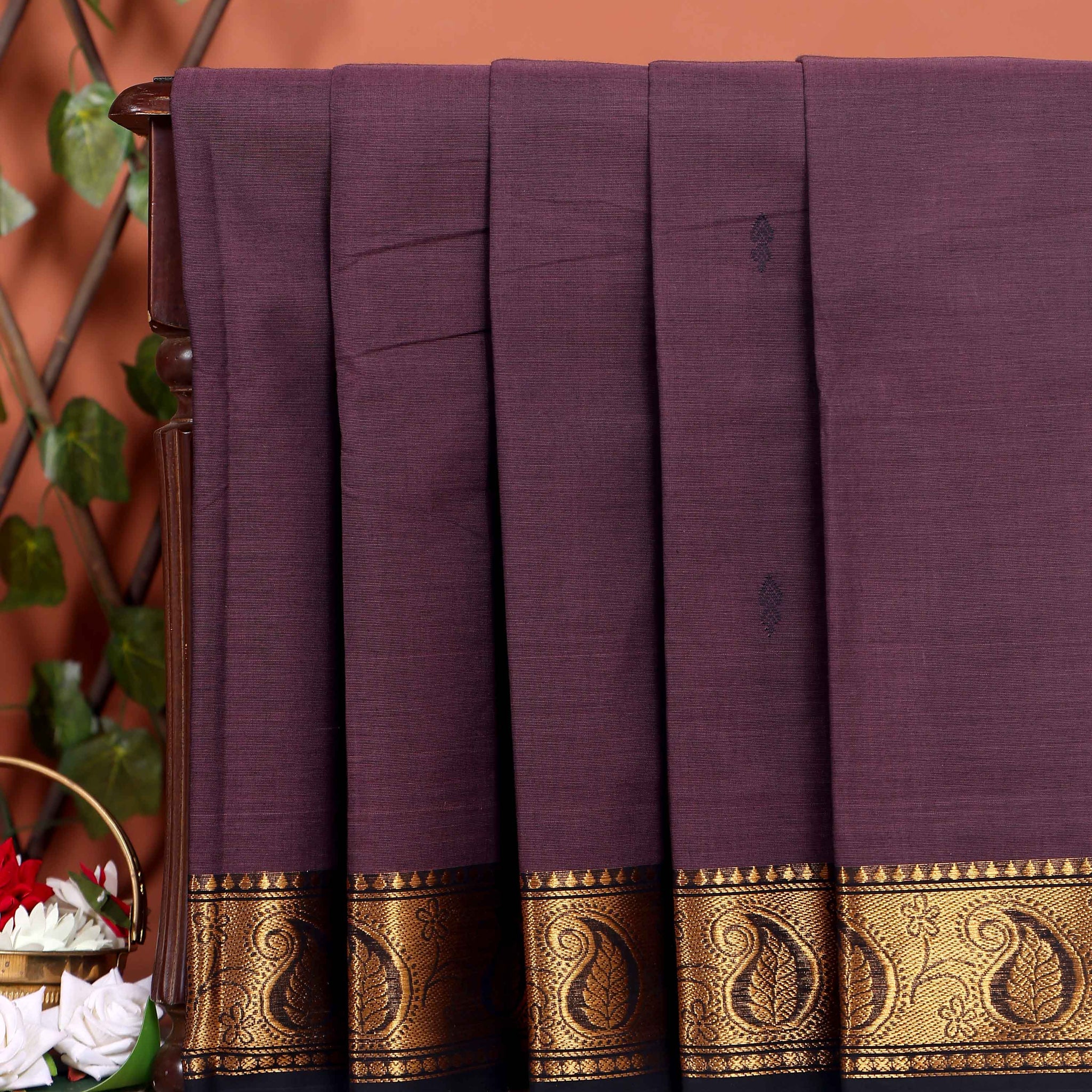 Traditional Chettinad Handloom Cotton Saree with Golden Zari Woven Border and Buttas - Dark Brown