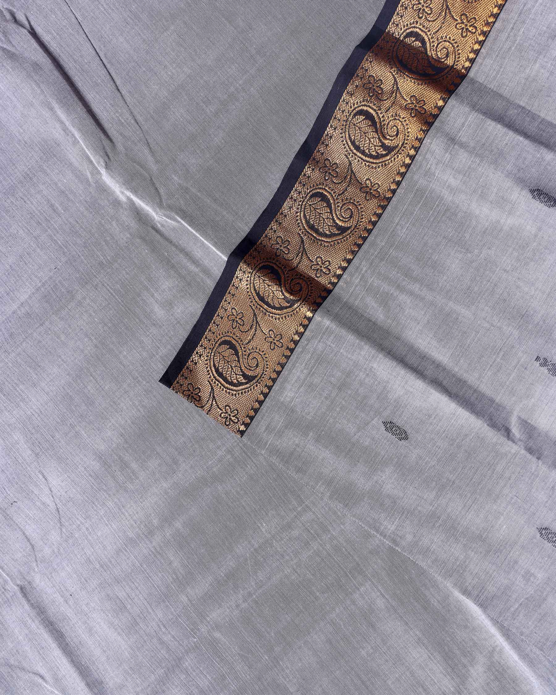 Traditional Chettinad Handloom Cotton Saree with Golden Zari Woven Border and Buttas - Grey