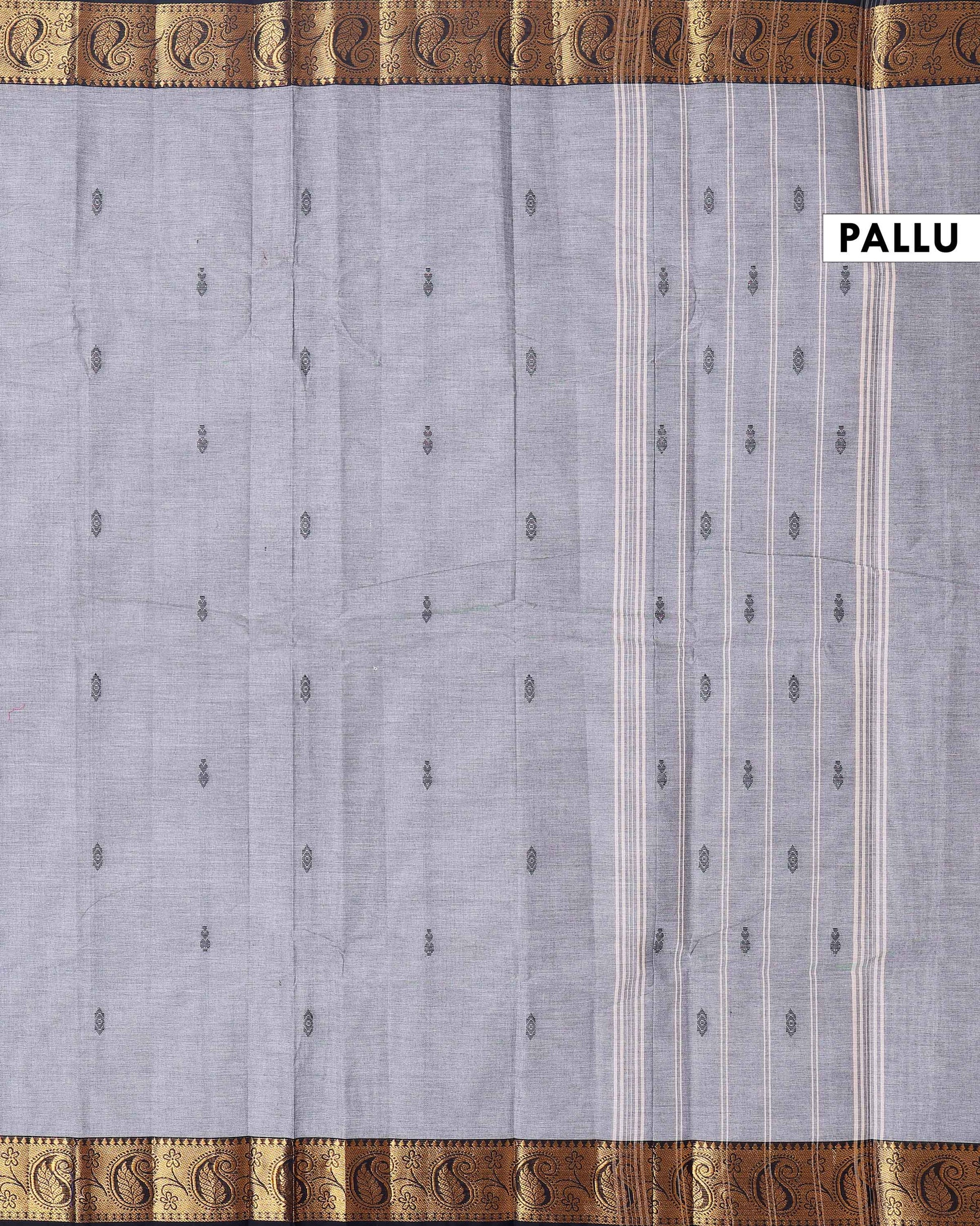 Traditional Chettinad Handloom Cotton Saree with Golden Zari Woven Border and Buttas - Grey