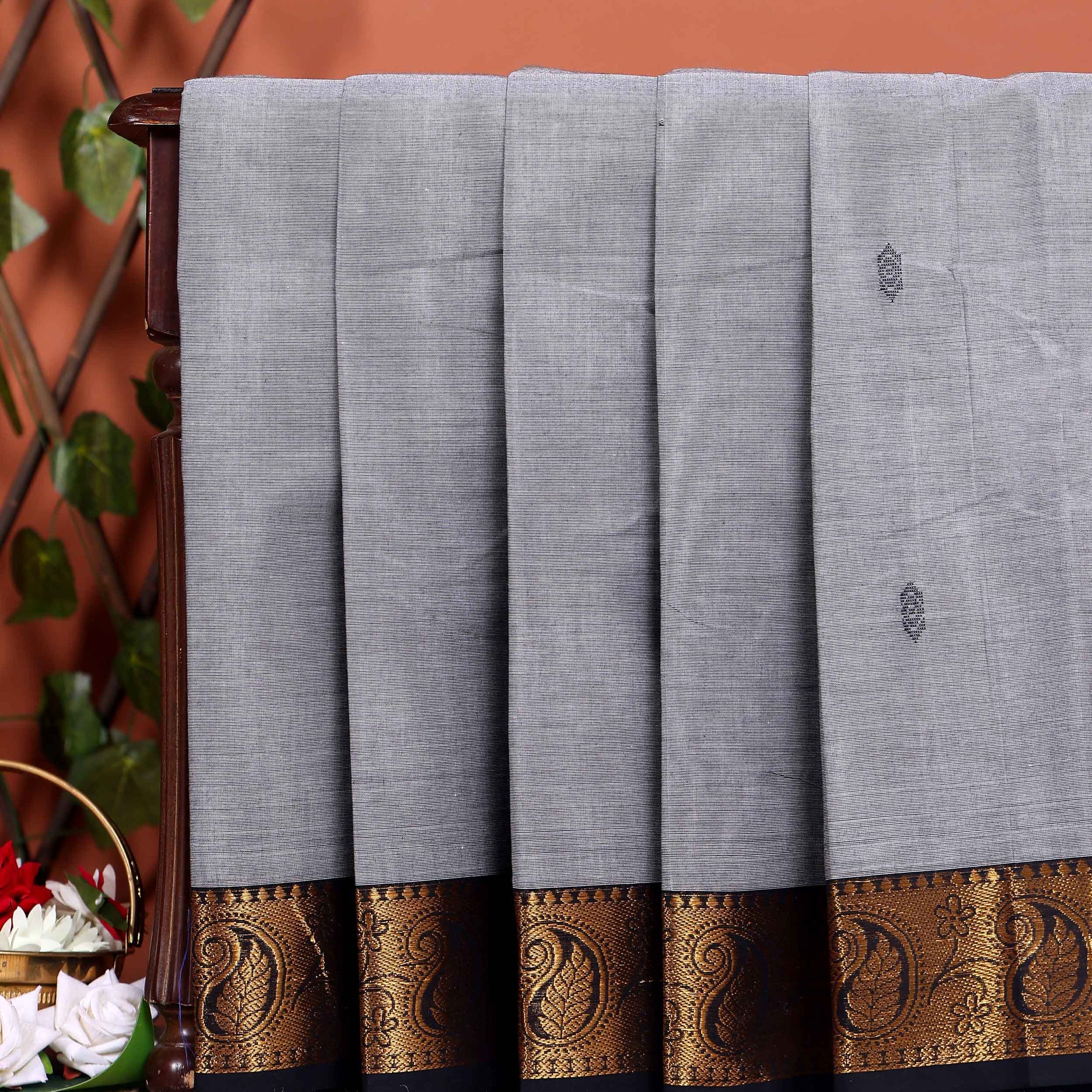 Traditional Chettinad Handloom Cotton Saree with Golden Zari Woven Border and Buttas - Grey
