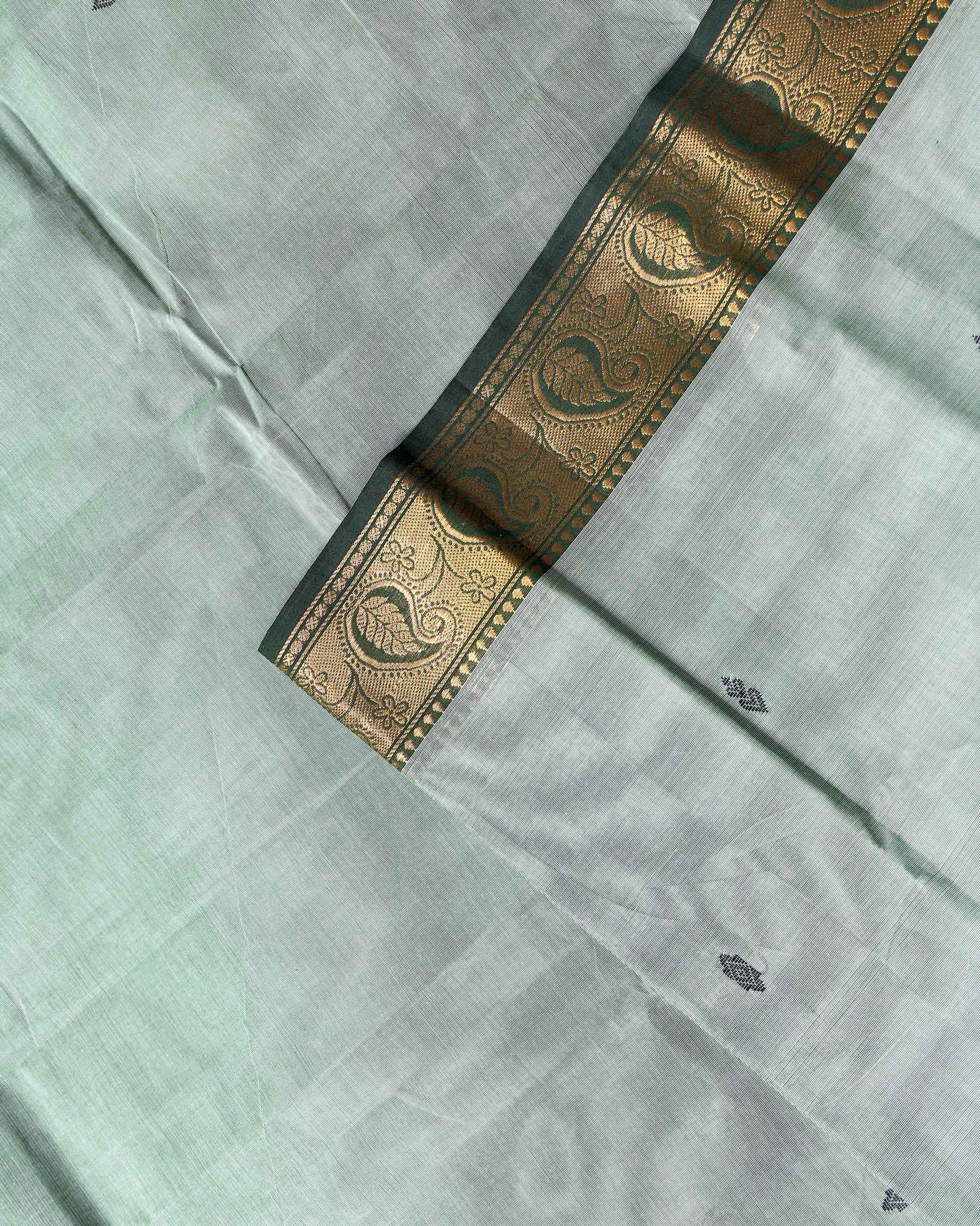Traditional Chettinad Handloom Cotton Saree with Golden Zari Woven Border and Buttas - Light Green