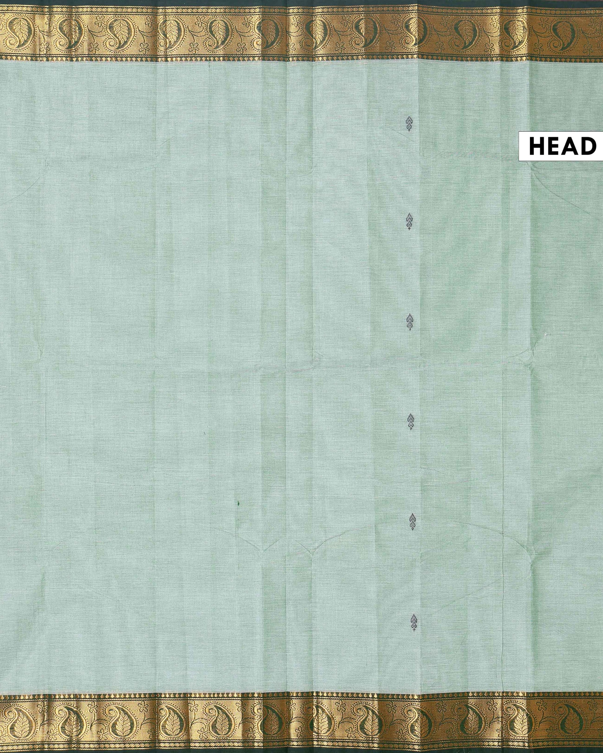 Traditional Chettinad Handloom Cotton Saree with Golden Zari Woven Border and Buttas - Light Green