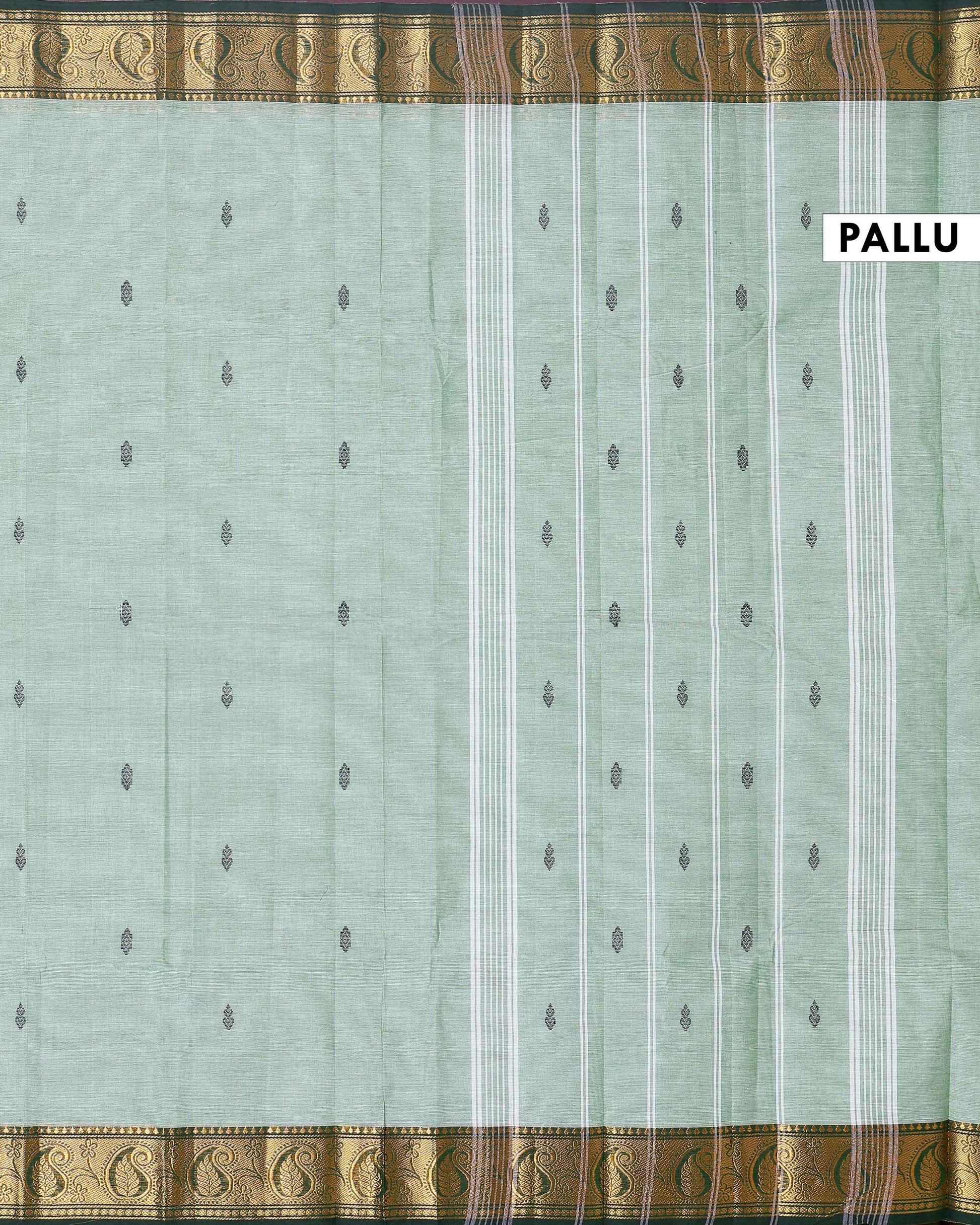 Traditional Chettinad Handloom Cotton Saree with Golden Zari Woven Border and Buttas - Light Green