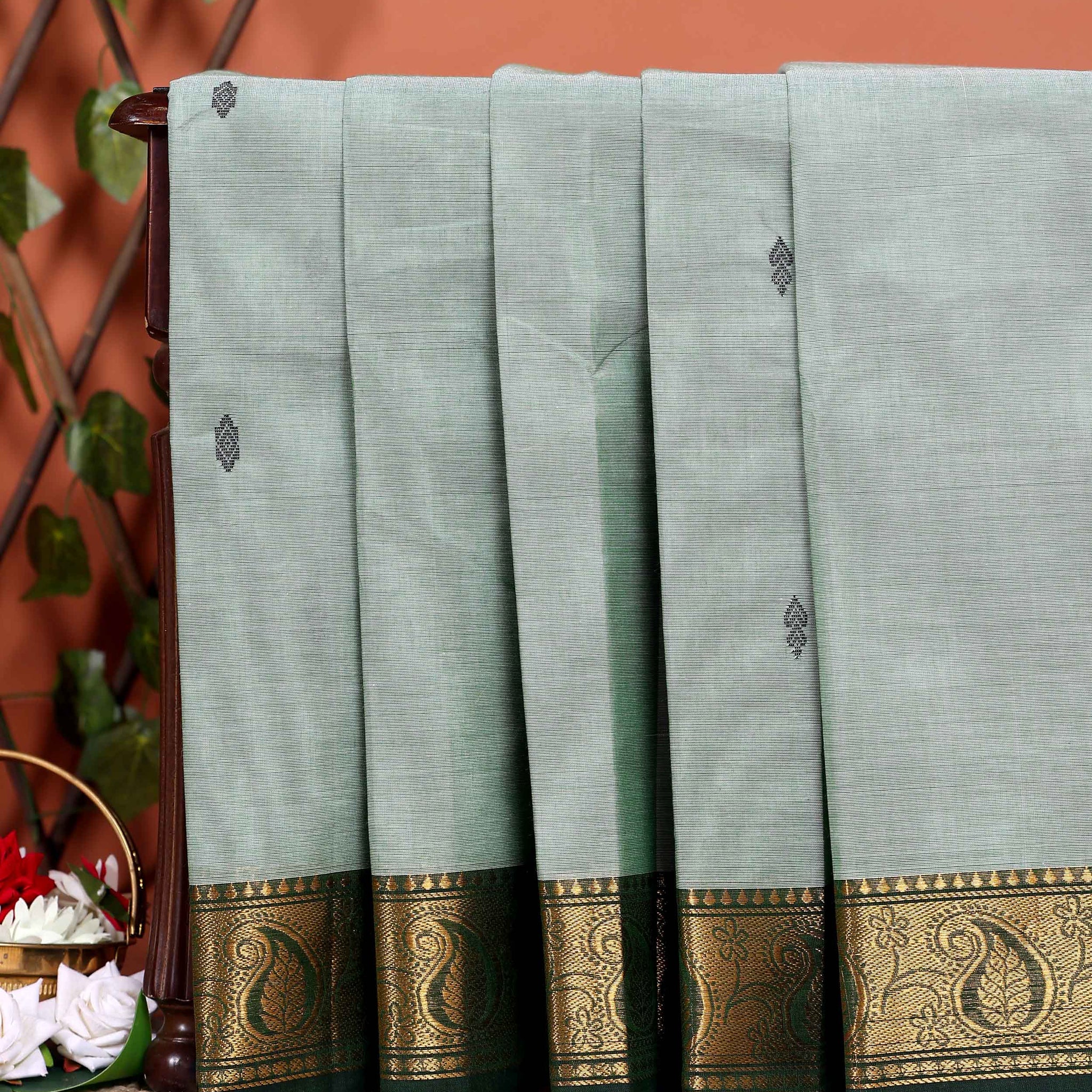 Traditional Chettinad Handloom Cotton Saree with Golden Zari Woven Border and Buttas - Light Green