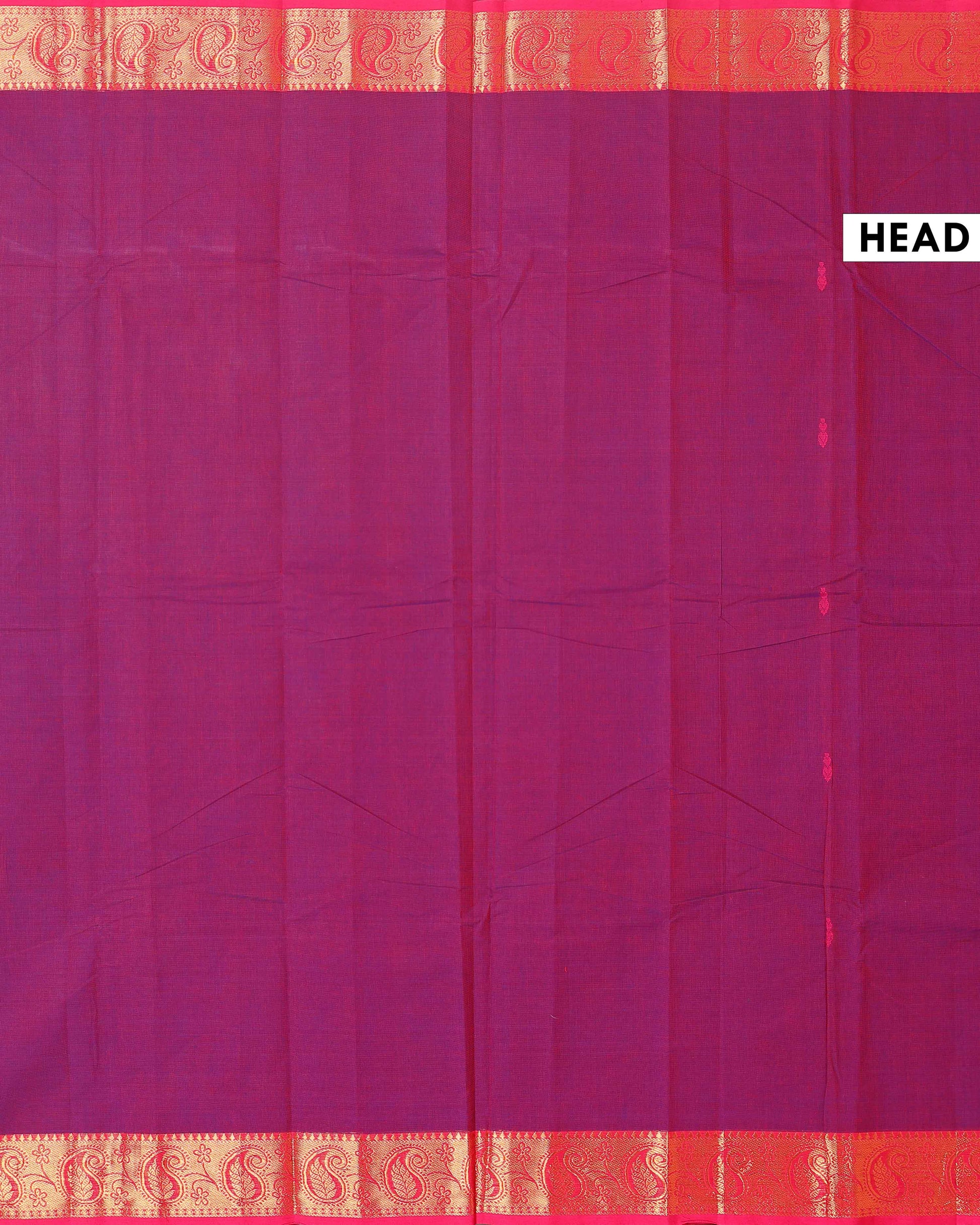 Traditional Chettinad Handloom Cotton Saree with Golden Zari Woven Border and Buttas - Purple-head