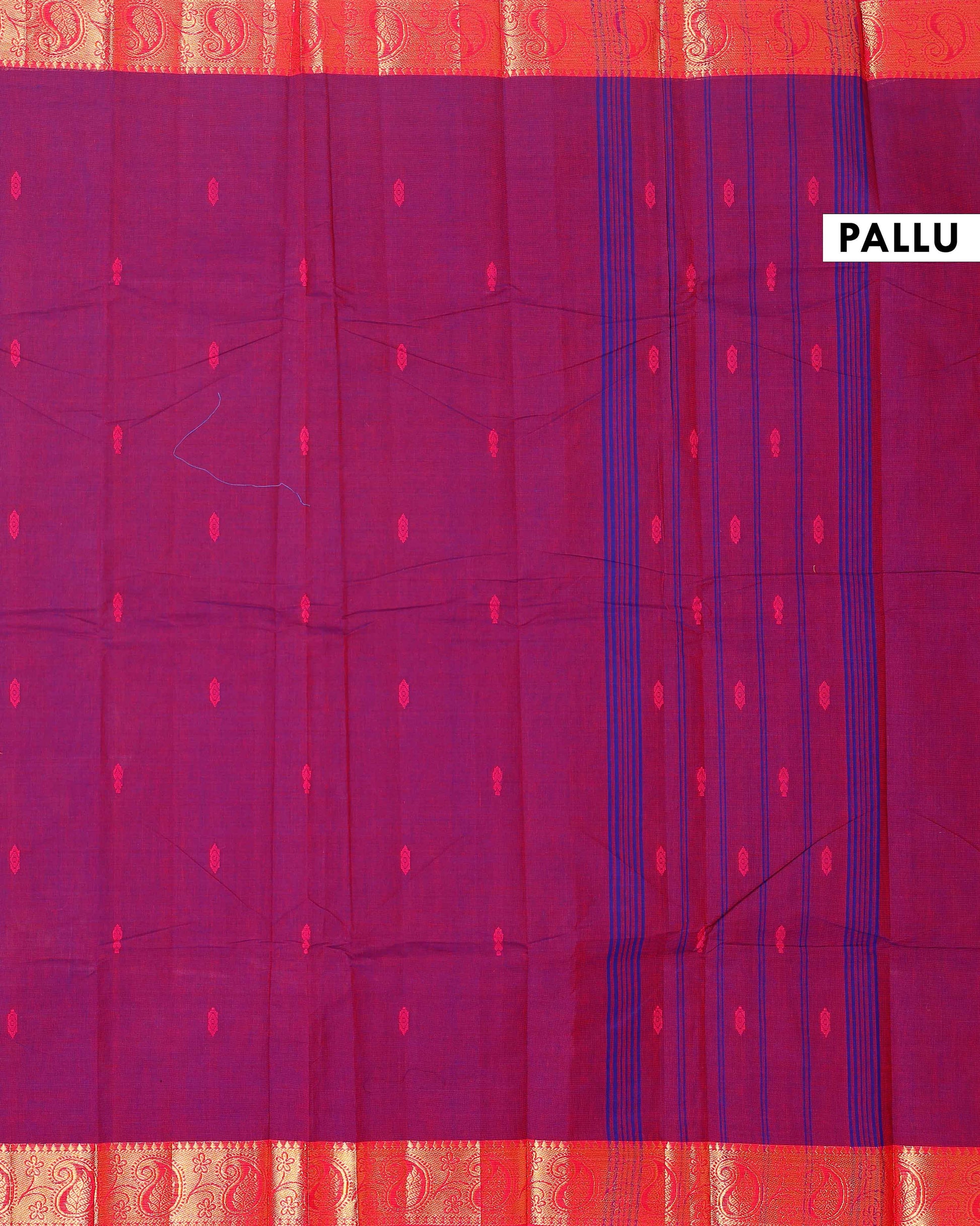Traditional Chettinad Handloom Cotton Saree with Golden Zari Woven Border and Buttas - Purple-head